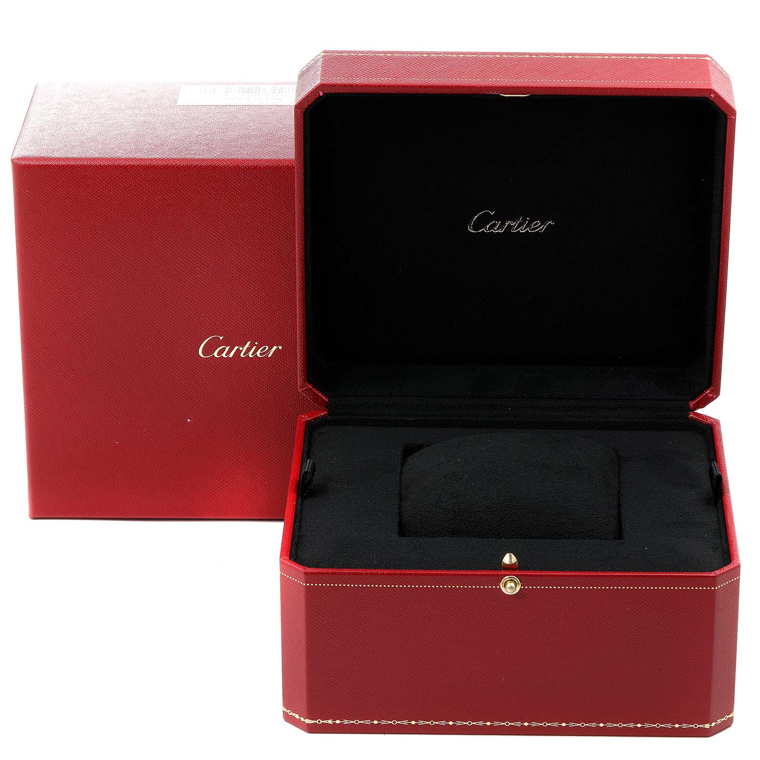 The image shows an open Cartier Panthere W25014B9 Women's Yellow Gold Silver Dial W25014B9 Women's Yellow Gold Silver Dial watch box from a front angle, along with the outer protective box.
