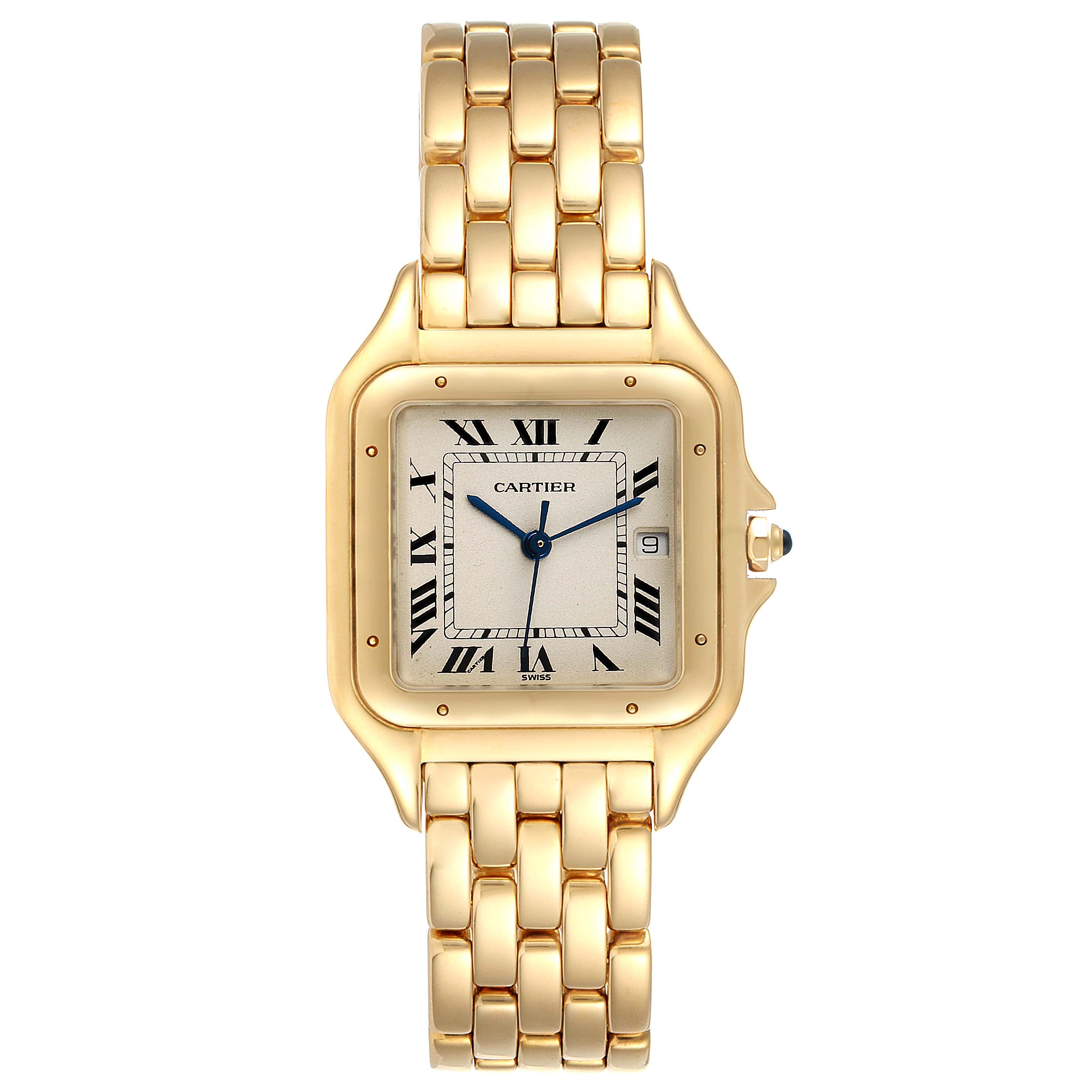 The image shows a Cartier Panthere W25014B9 Women's Yellow Gold Silver Dial W25014B9 Women's Yellow Gold Silver Dial watch from a straight-on angle, highlighting the face, bezel, and bracelet.