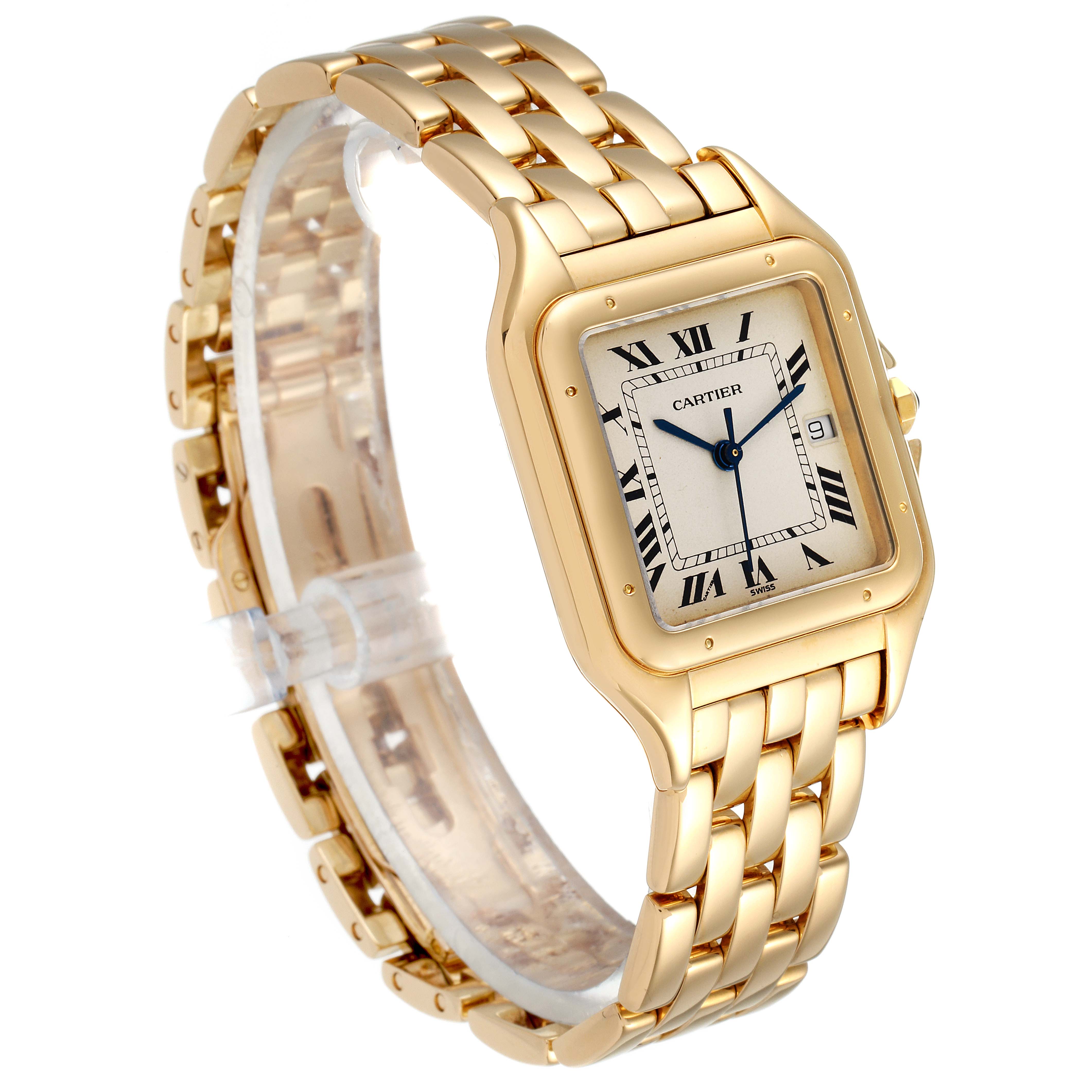 The image shows a Cartier Panthere W25014B9 Women's Yellow Gold Silver Dial W25014B9 Women's Yellow Gold Silver Dial model watch from a three-quarter angle, highlighting the face, bracelet, and side crown.