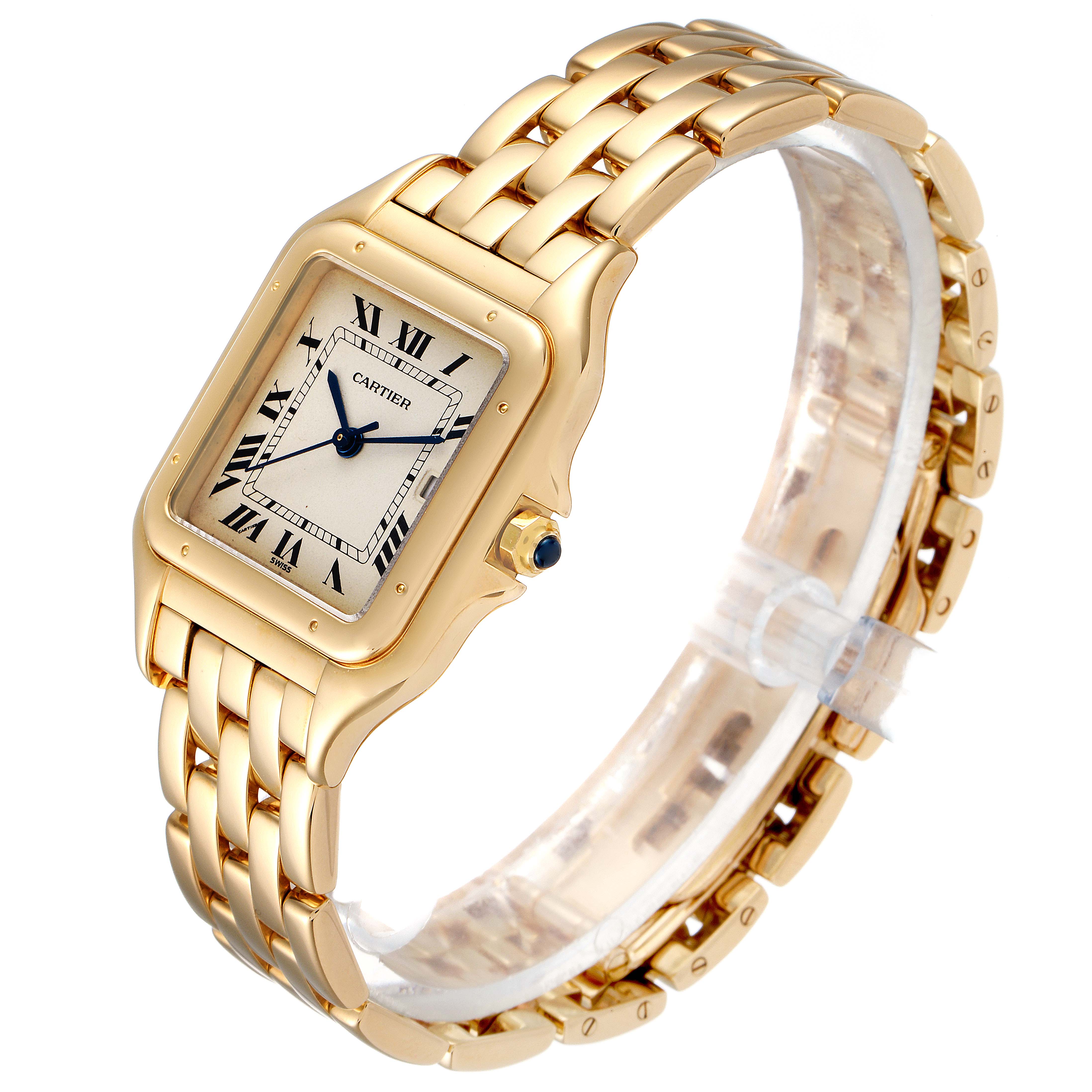The image shows a side-angle view of the Panthere de Cartier watch, highlighting the gold bracelet and square face.