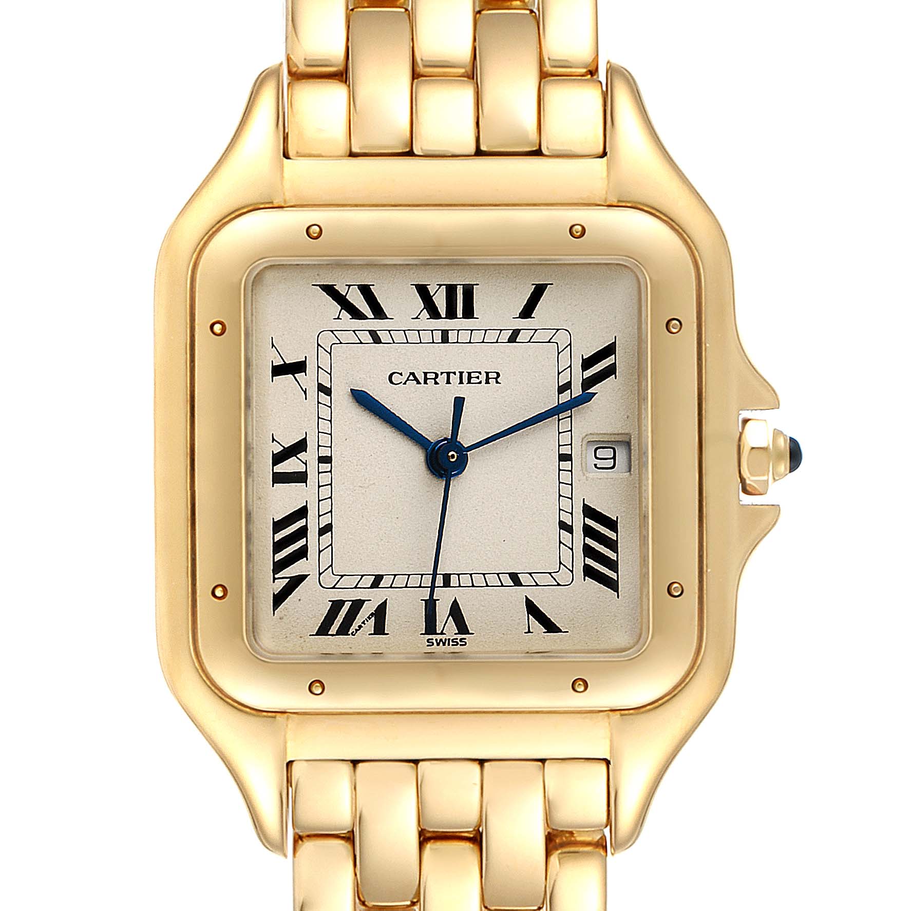 The image shows a close-up view of the dial and bracelet of a Cartier Panthere W25014B9 Women's Yellow Gold Silver Dial W25014B9 Women's Yellow Gold Silver Dial watch, highlighting its gold casing and Roman numerals.