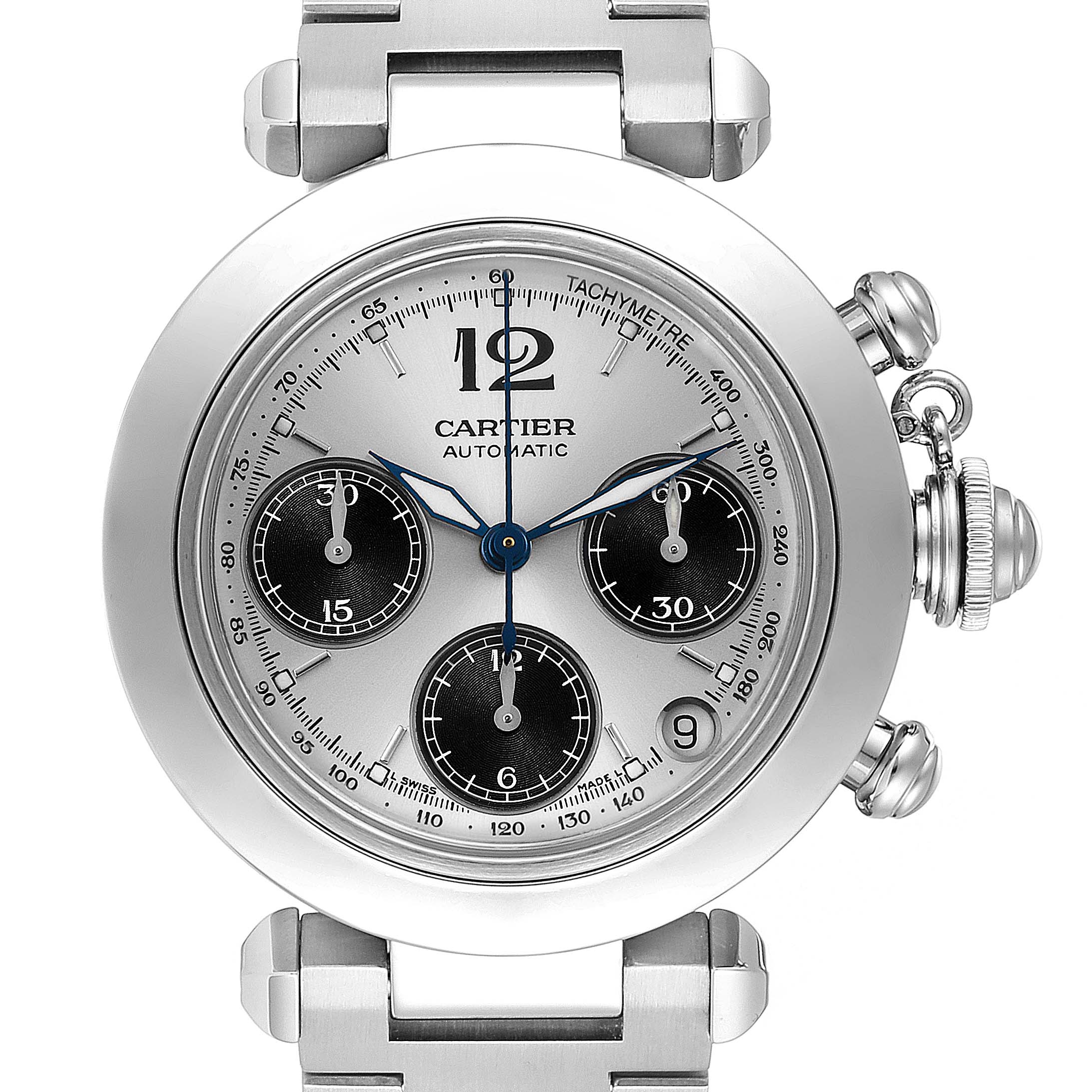 This image shows the front face and upper part of the bracelet of a Cartier Pasha W31048M7 Men's Stainless Steel Silver Dial W31048M7 Men's Stainless Steel Silver Dial watch.