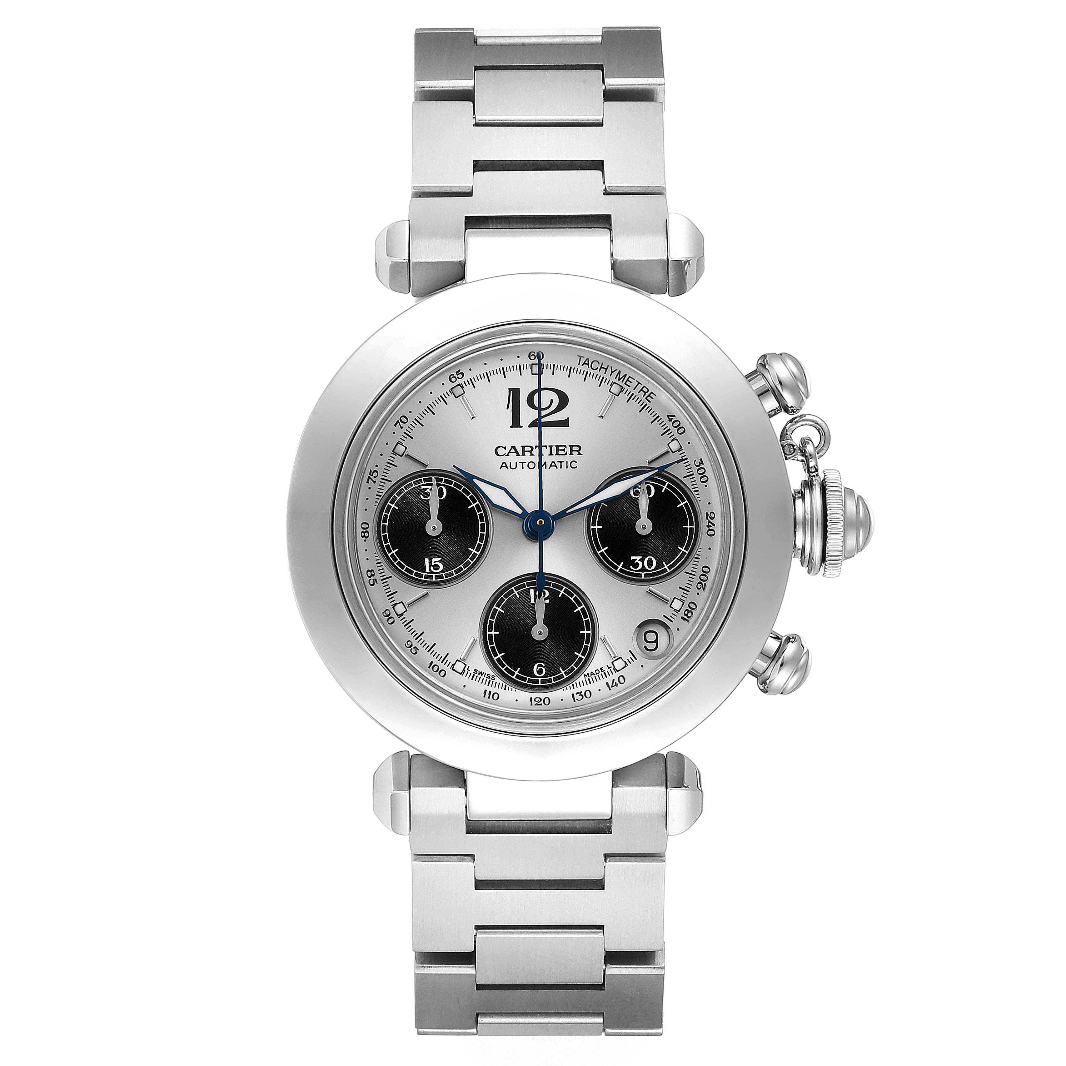 This is a front view of the Cartier Pasha W31048M7 Men's Stainless Steel Silver Dial W31048M7 Men's Stainless Steel Silver Dial model watch, showing the face, bracelet, and crown.