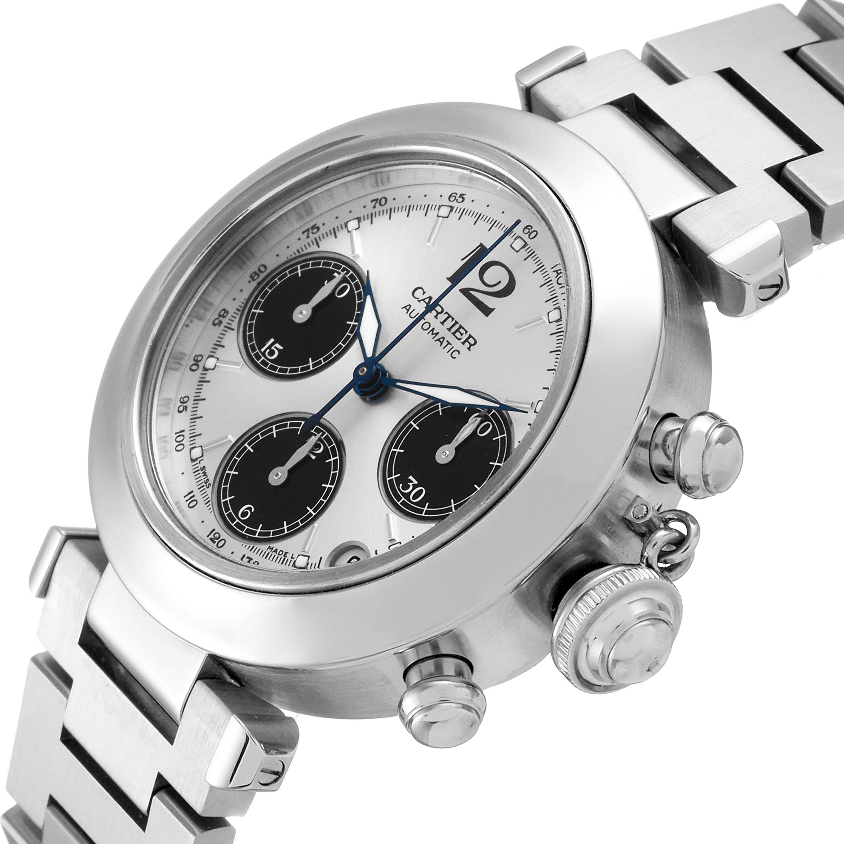 The image shows a side angle of the Cartier Pasha W31048M7 Men's Stainless Steel Silver Dial W31048M7 Men's Stainless Steel Silver Dial watch, highlighting its face, crown, pushers, and bracelet.