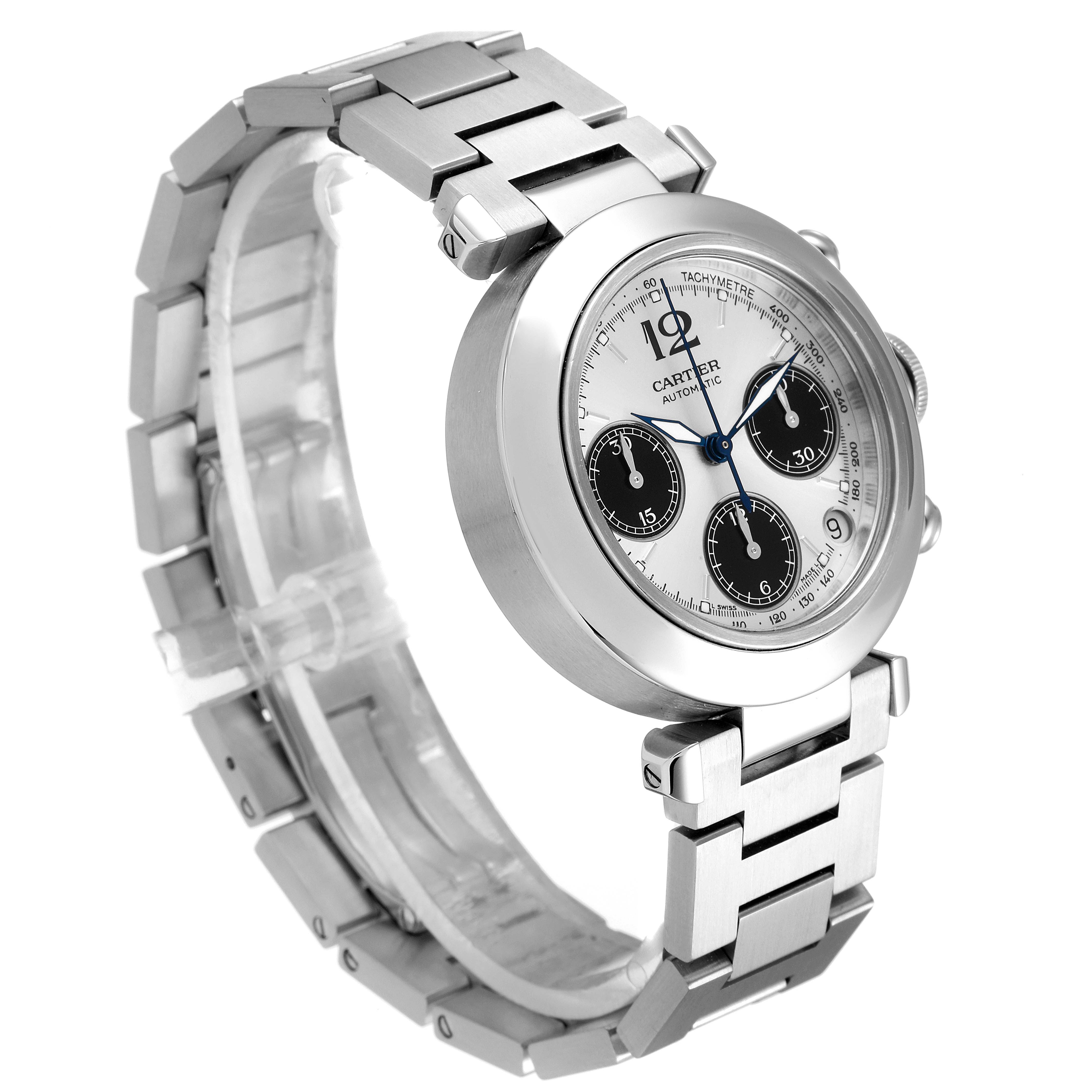 The Pasha model by Cartier is shown at a side angle, highlighting its silver bracelet, round case, and chronograph subdials.