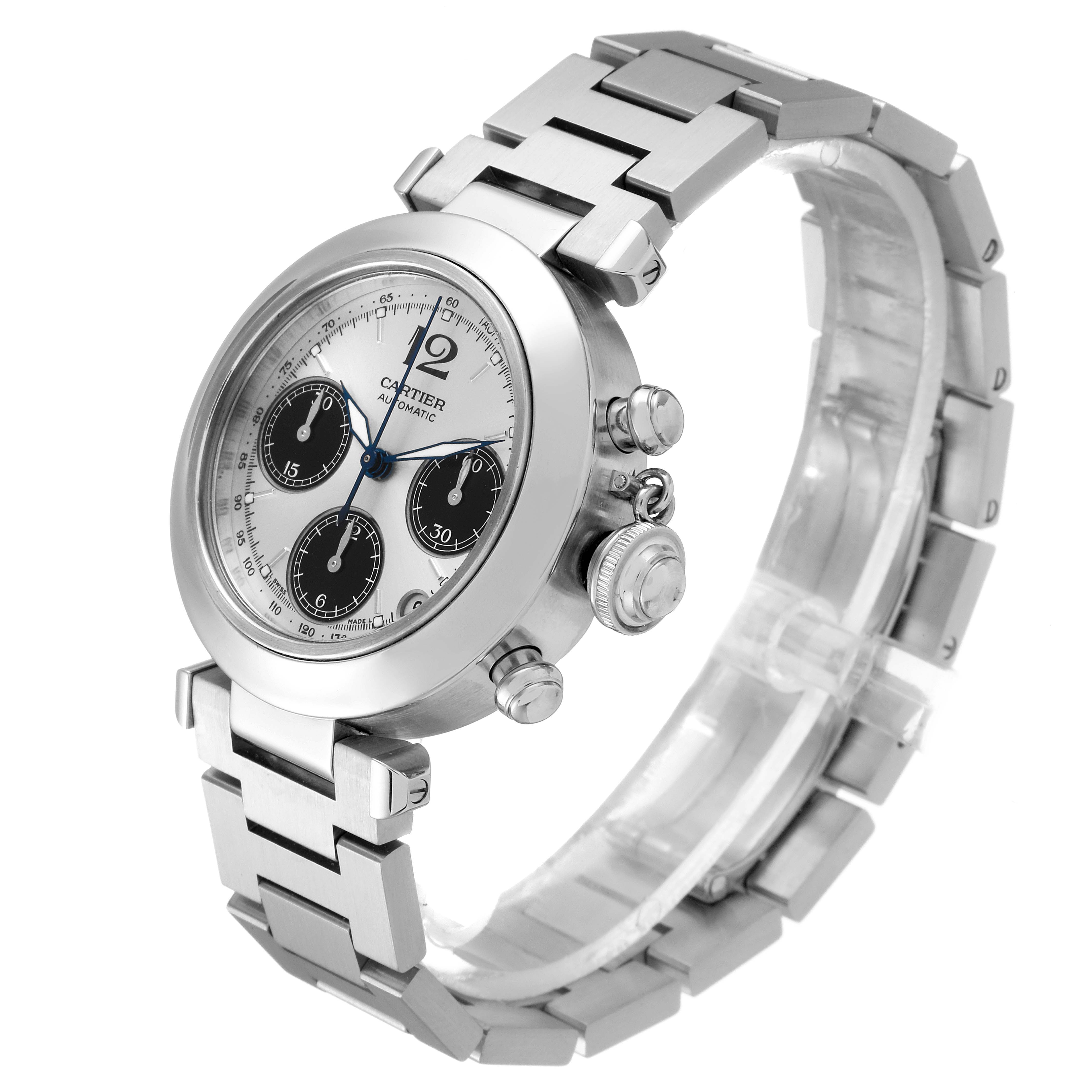 The image shows a Cartier Pasha W31048M7 Men's Stainless Steel Silver Dial W31048M7 Men's Stainless Steel Silver Dial watch at a side angle, highlighting the dial, crown, pushers, and stainless steel bracelet.