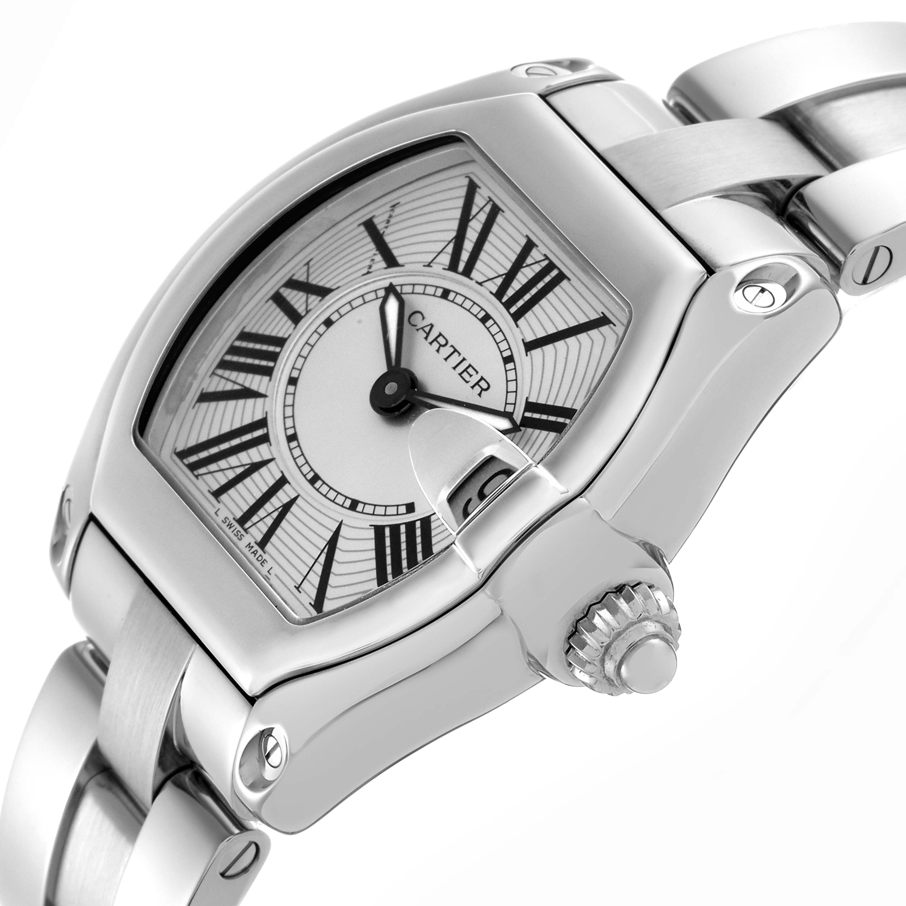 The Cartier Roadster W62016V3 Women's Stainless Steel Silver Dial W62016V3 Women's Stainless Steel Silver Dial watch is shown from an angled view, highlighting its face, crown, and part of the bracelet.