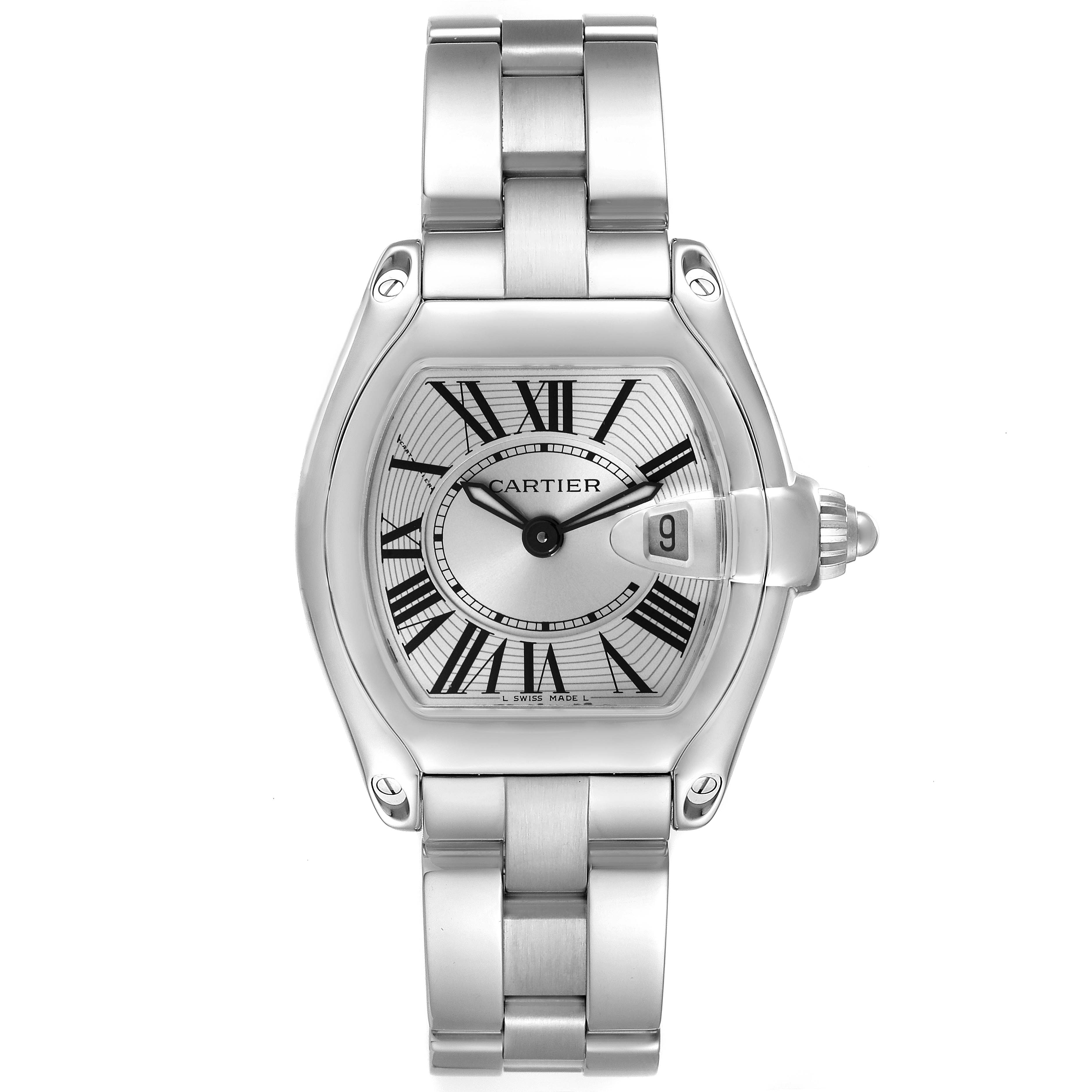 The Cartier Roadster W62016V3 Women's Stainless Steel Silver Dial W62016V3 Women's Stainless Steel Silver Dial watch is shown from a front view, displaying its dial, Roman numeral indices, and metal bracelet.