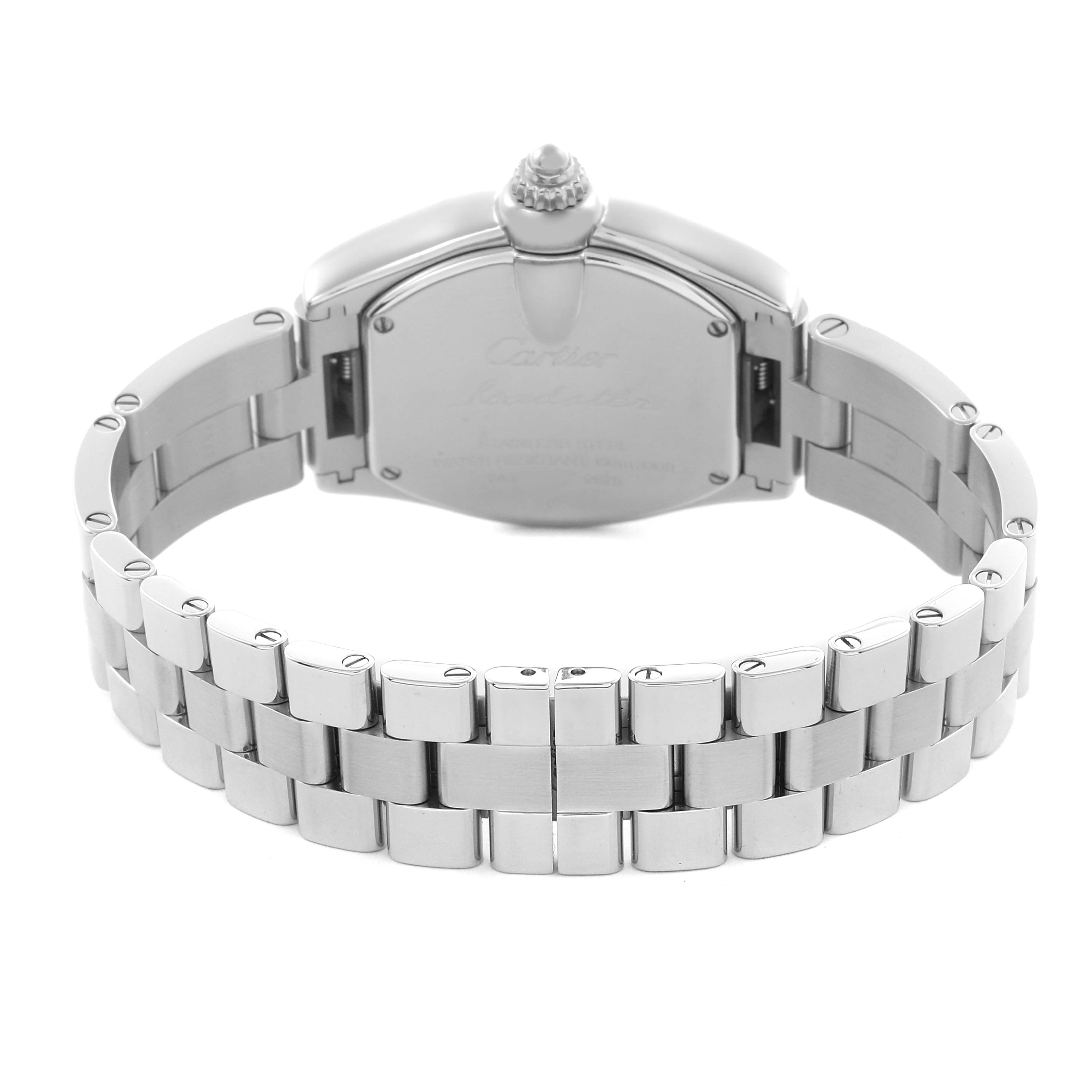 The image shows the back and bracelet of a Cartier Roadster W62016V3 Women's Stainless Steel Silver Dial W62016V3 Women's Stainless Steel Silver Dial watch, displaying the clasp and case back details.