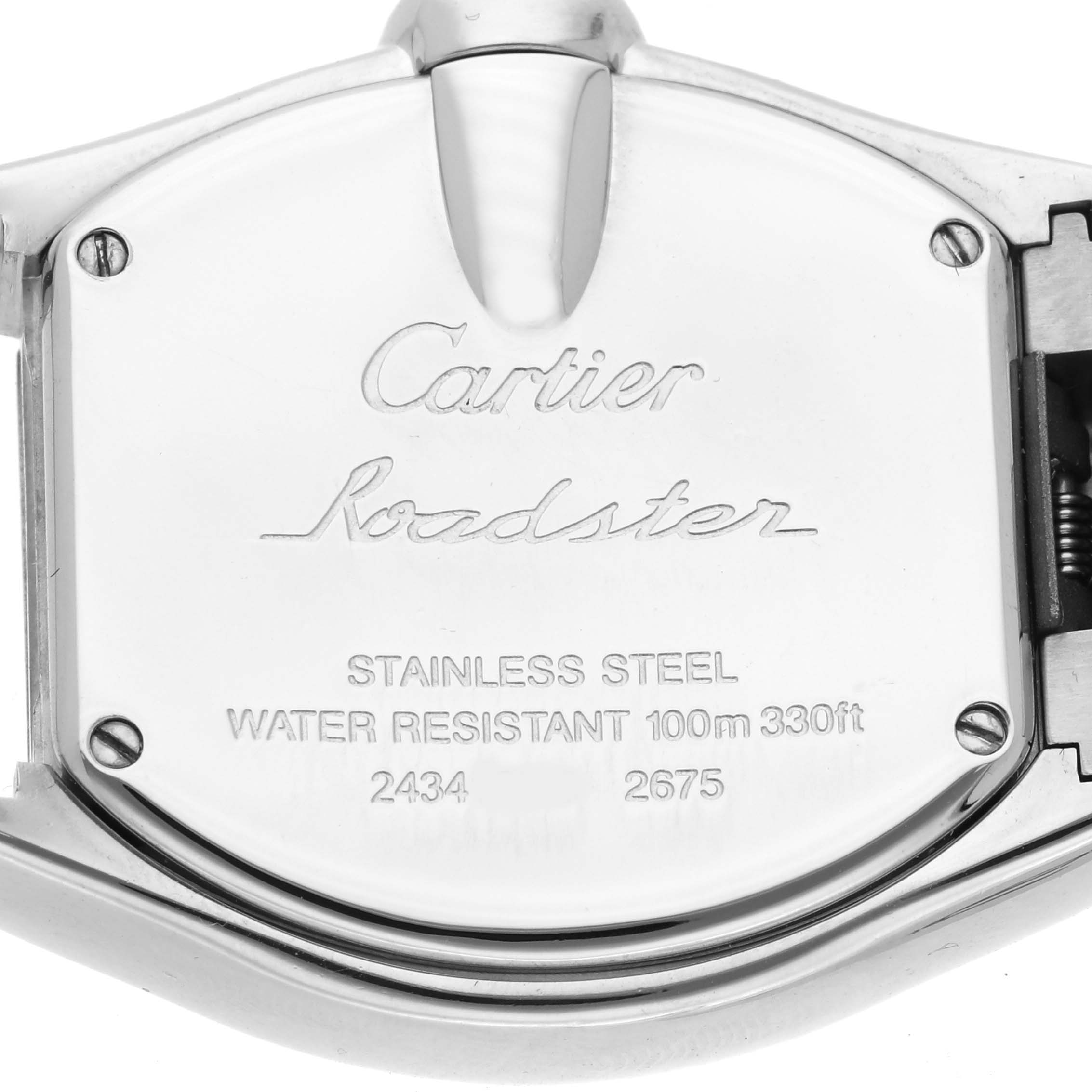 The image shows the back of a Cartier Roadster W62016V3 Women's Stainless Steel Silver Dial W62016V3 Women's Stainless Steel Silver Dial watch, highlighting the brand, model, and material details.
