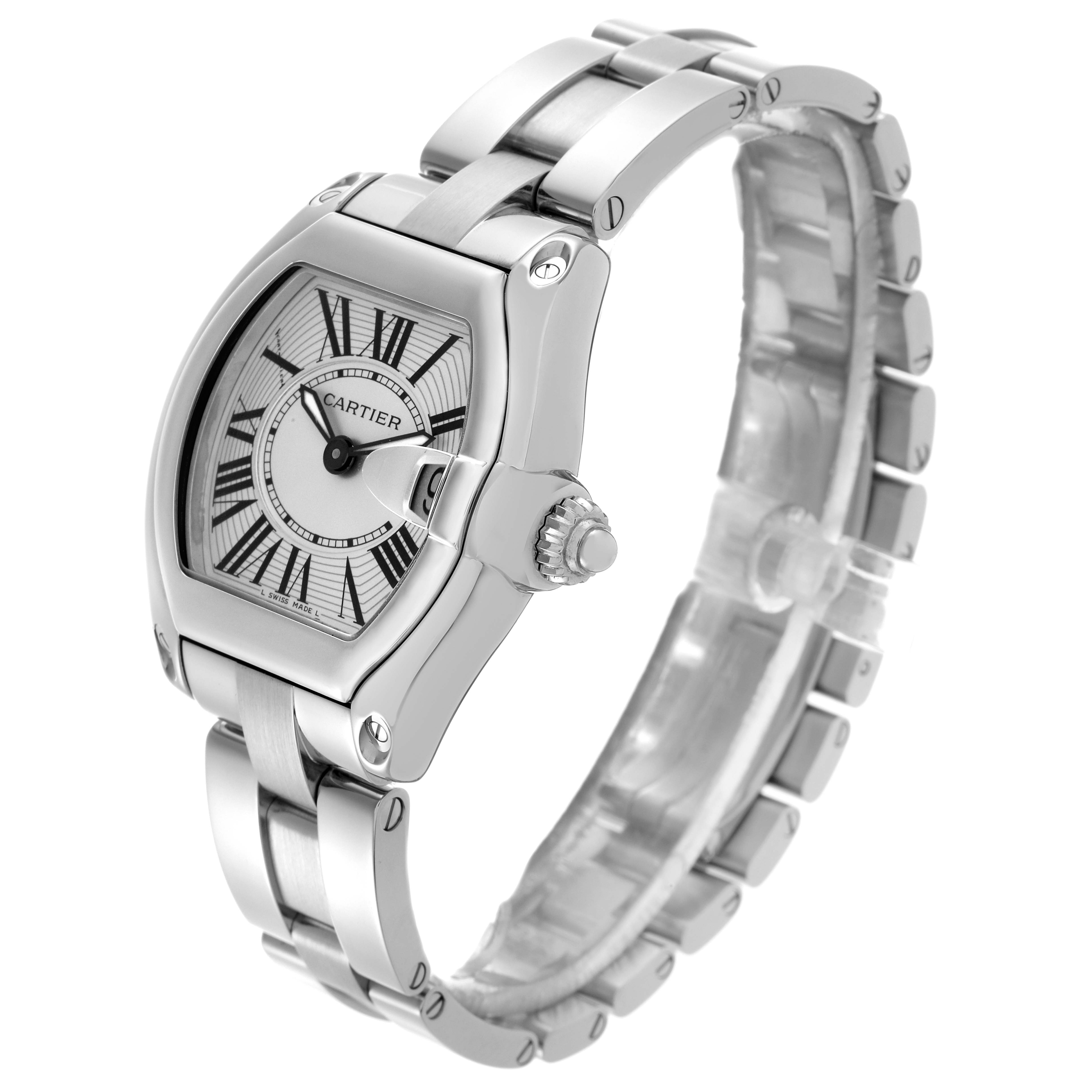 The Cartier Roadster W62016V3 Women's Stainless Steel Silver Dial W62016V3 Women's Stainless Steel Silver Dial watch is shown at a three-quarter angle, highlighting its bracelet, case, and crown.