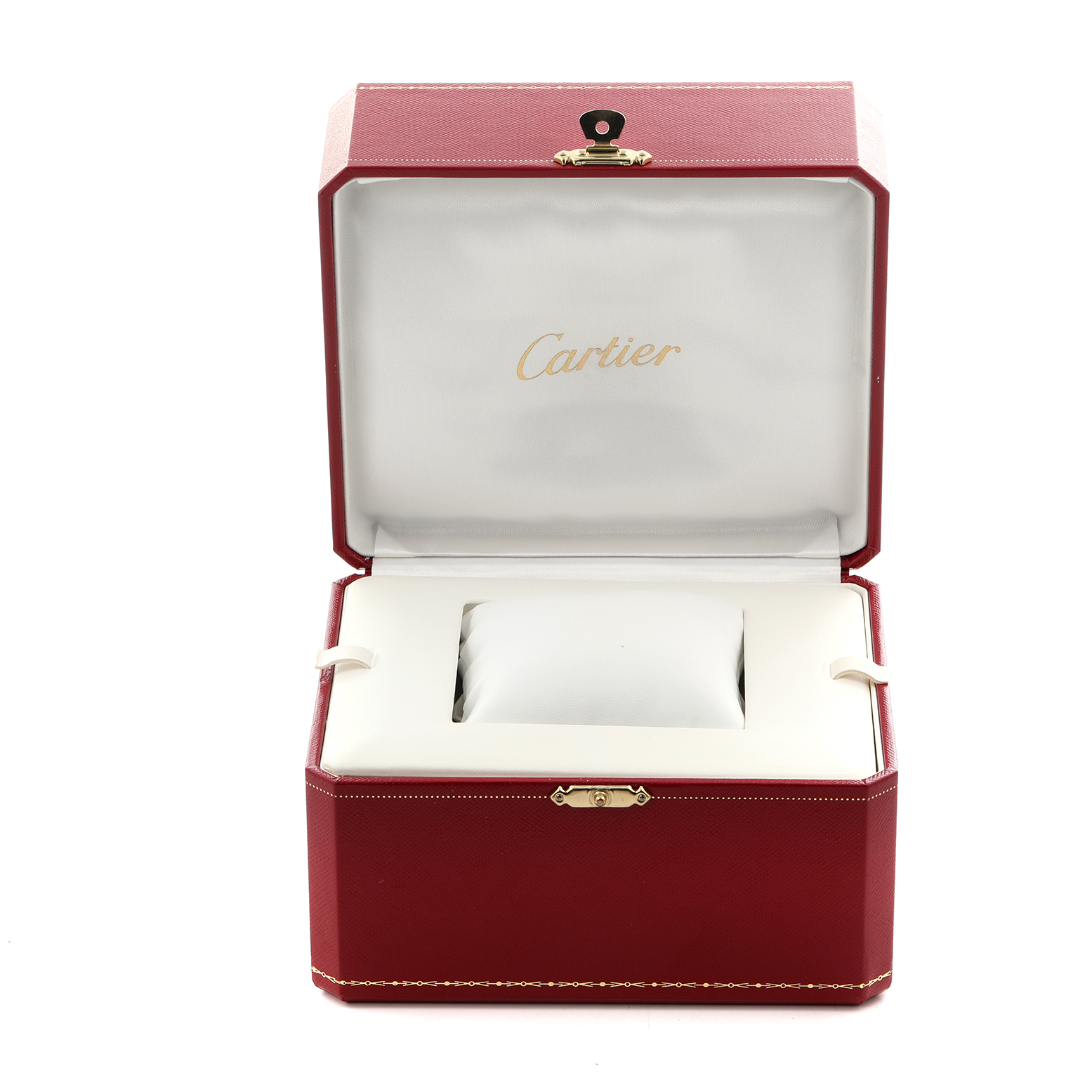 This image shows an open Cartier watch box for the Roadster model, displaying the brand name inside the lid.