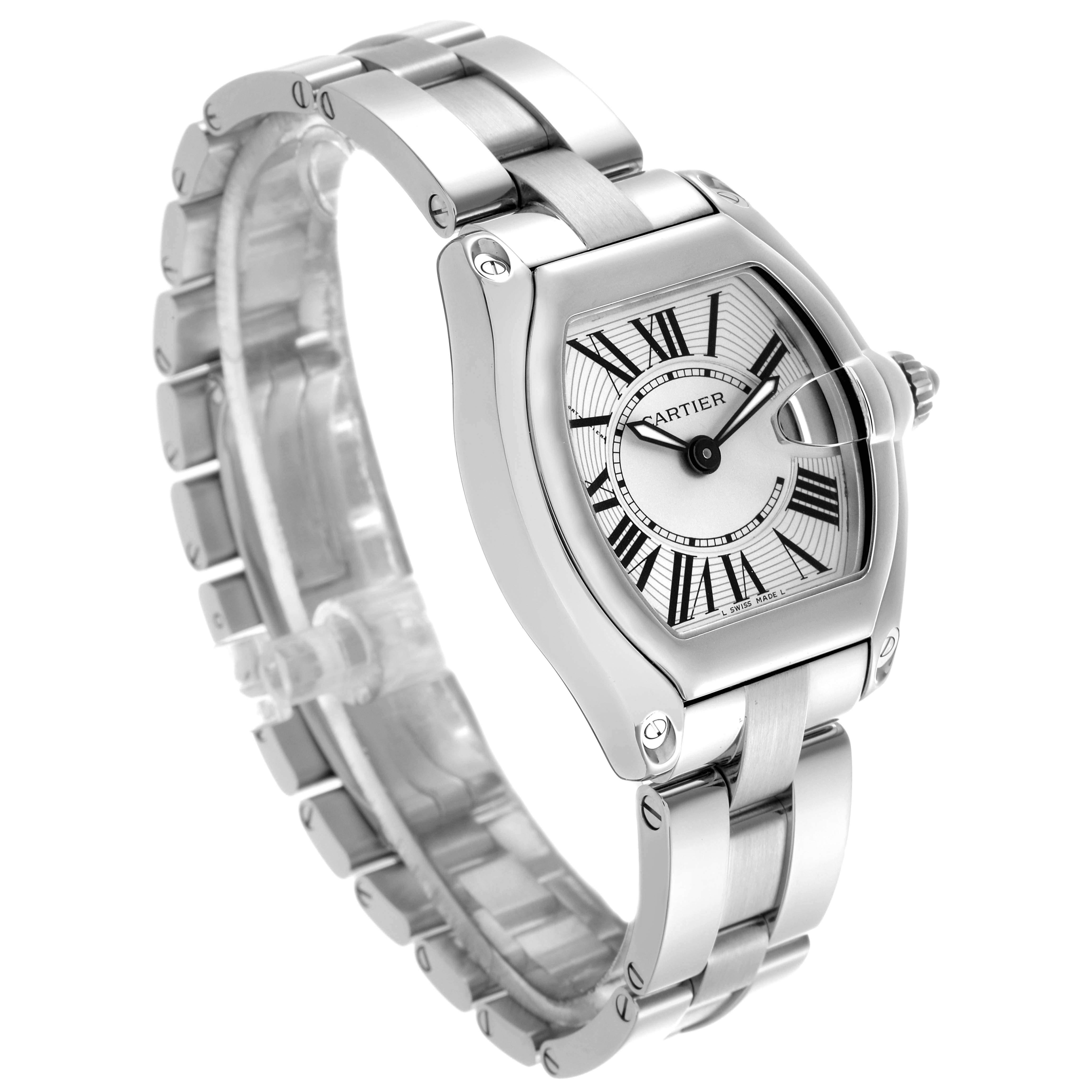 The Cartier Roadster W62016V3 Women's Stainless Steel Silver Dial W62016V3 Women's Stainless Steel Silver Dial watch is shown at an angled view, highlighting the face, bezel, and part of the stainless steel bracelet.