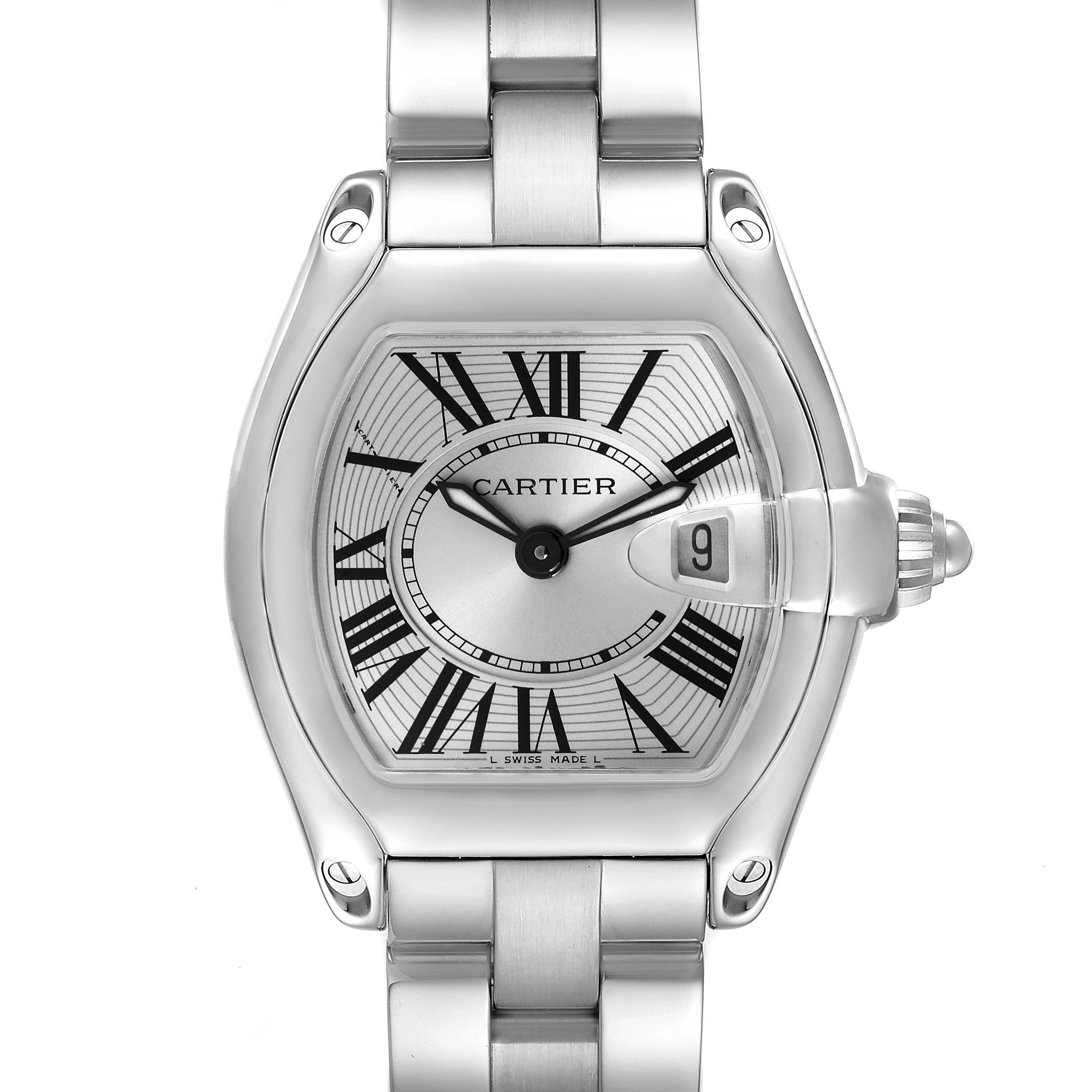 The Cartier Roadster W62016V3 Women's Stainless Steel Silver Dial W62016V3 Women's Stainless Steel Silver Dial watch is shown from the front, displaying its dial, case, and part of the metal bracelet.