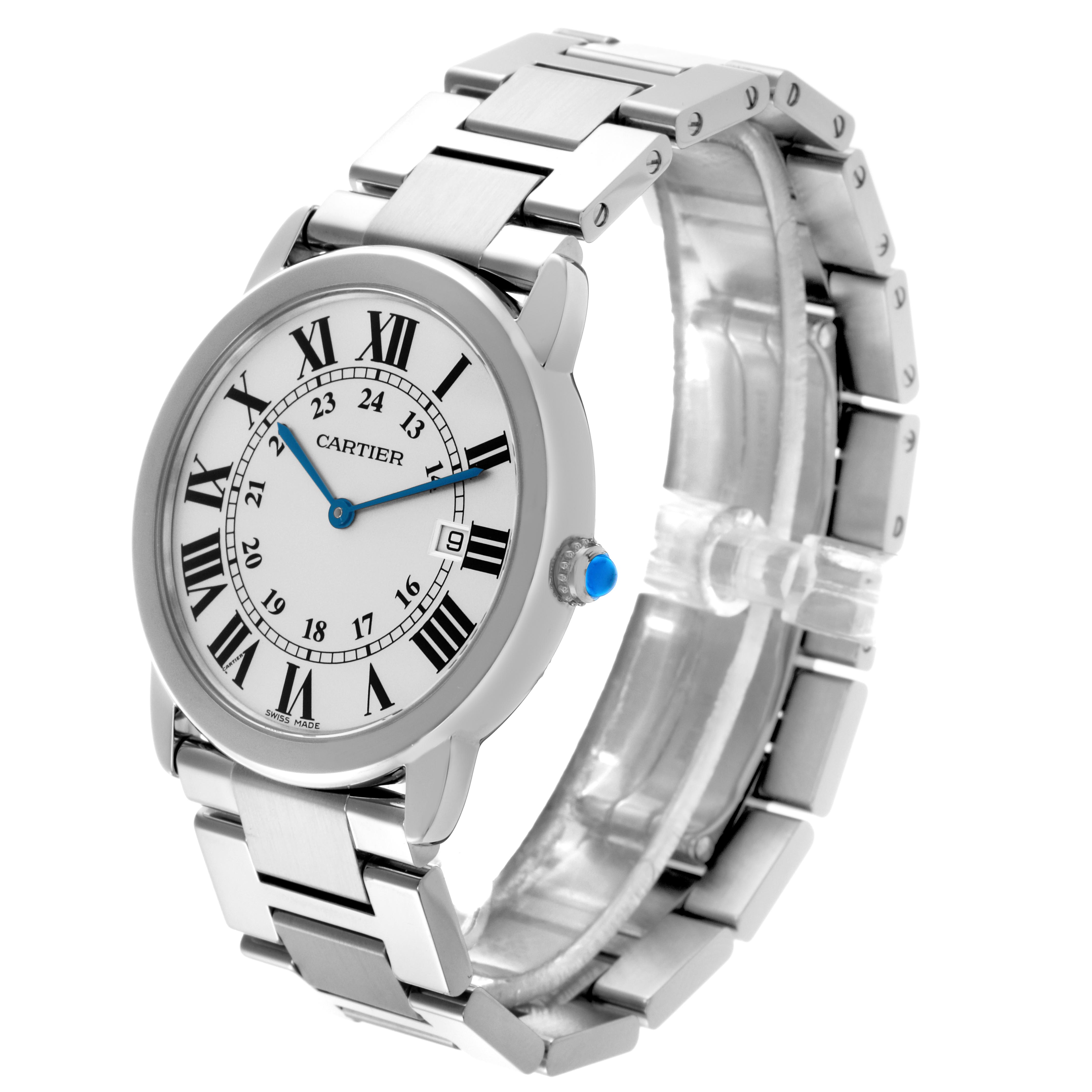 The Cartier Ronde W6701005 Men
s Stainless Steel Silver Dial W6701005 Men
s Stainless Steel Silver Dial watch is shown at a three-quarter angle, displaying the face, bracelet, and side crown.