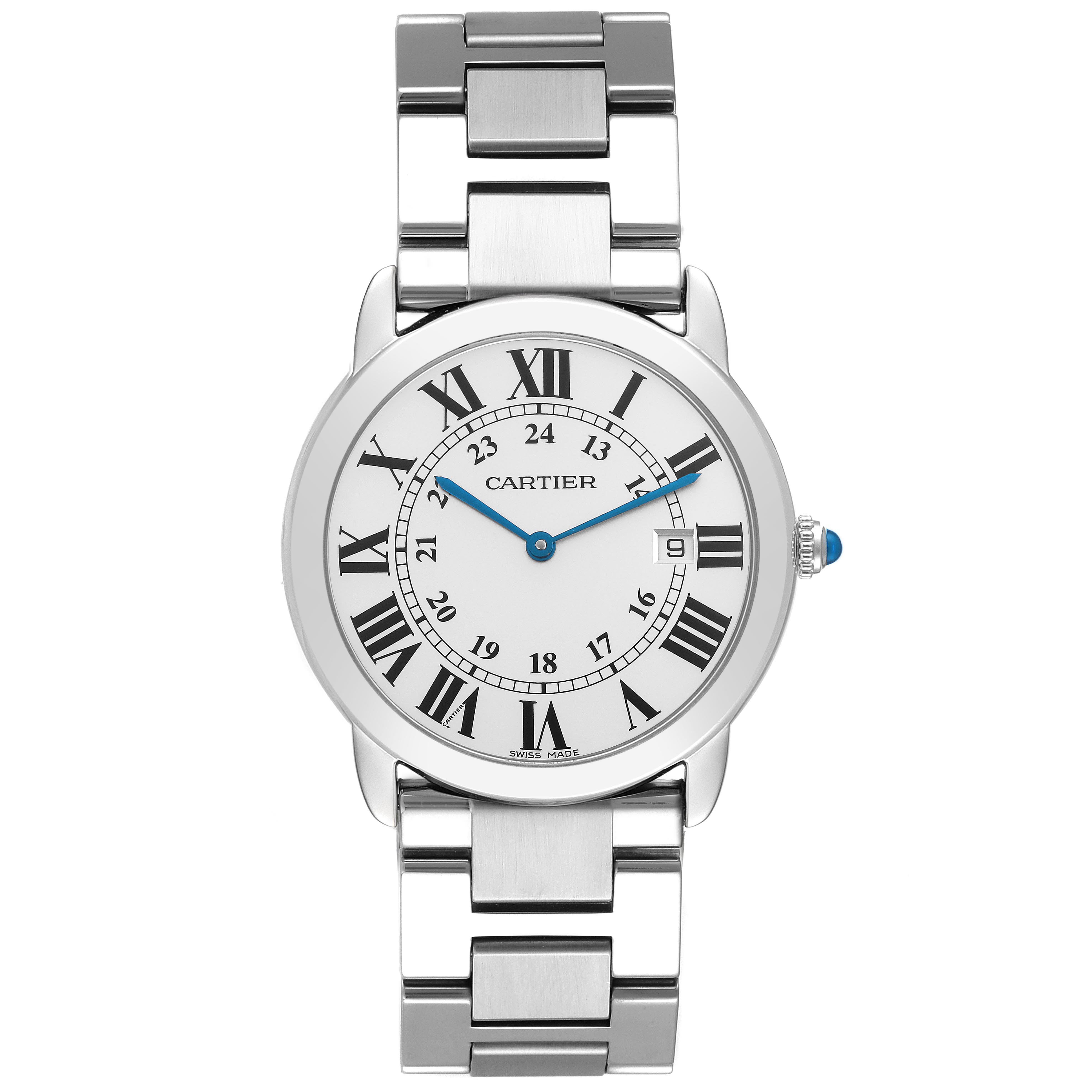 The Cartier Ronde W6701005 Men
s Stainless Steel Silver Dial W6701005 Men
s Stainless Steel Silver Dial watch is shown from a front angle, displaying the face, silver bracelet, and crown.