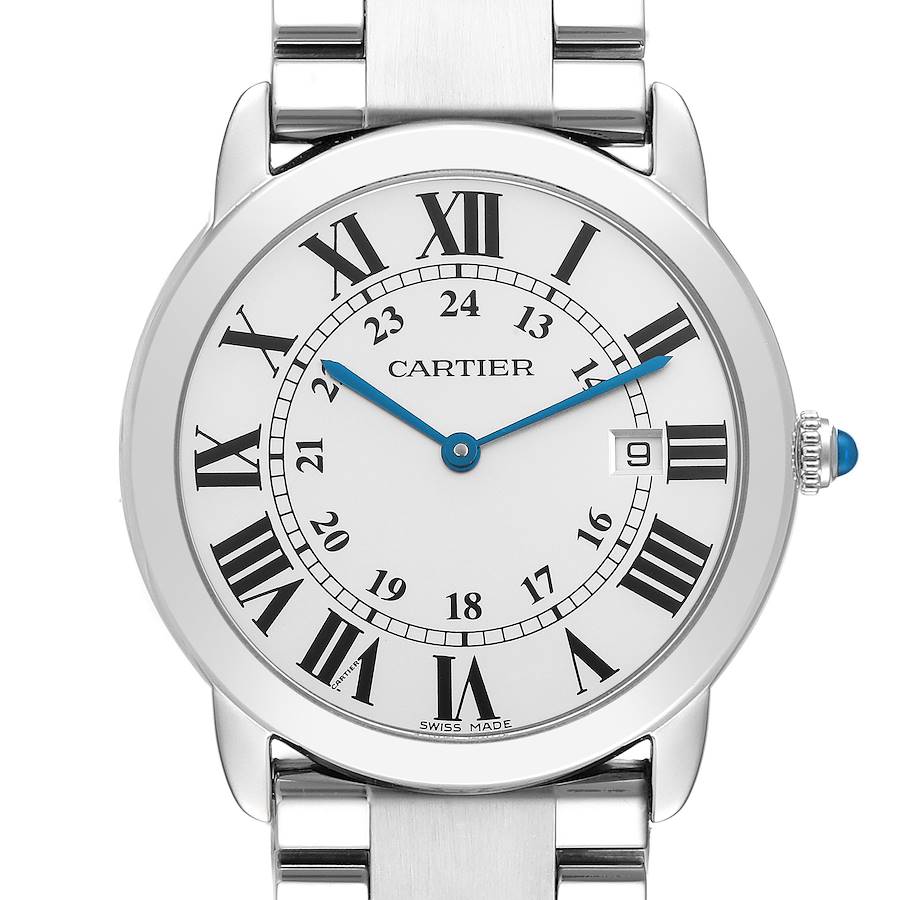 The Cartier Ronde watch is shown from the front, displaying the face with Roman numerals and a metal bracelet.