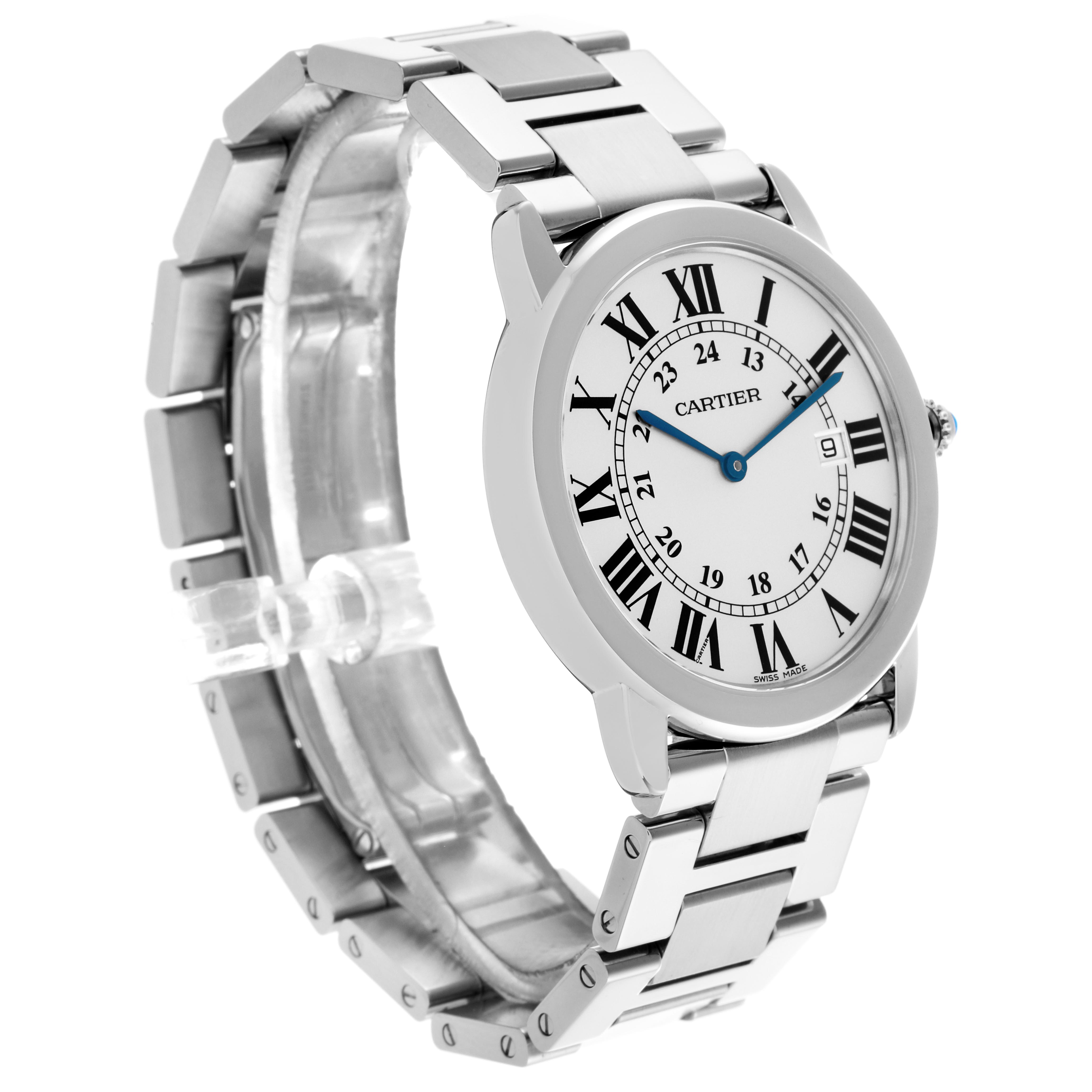 The Ronde by Cartier is shown at a three-quarter angle, highlighting the watch face, Roman numerals, and metal bracelet.