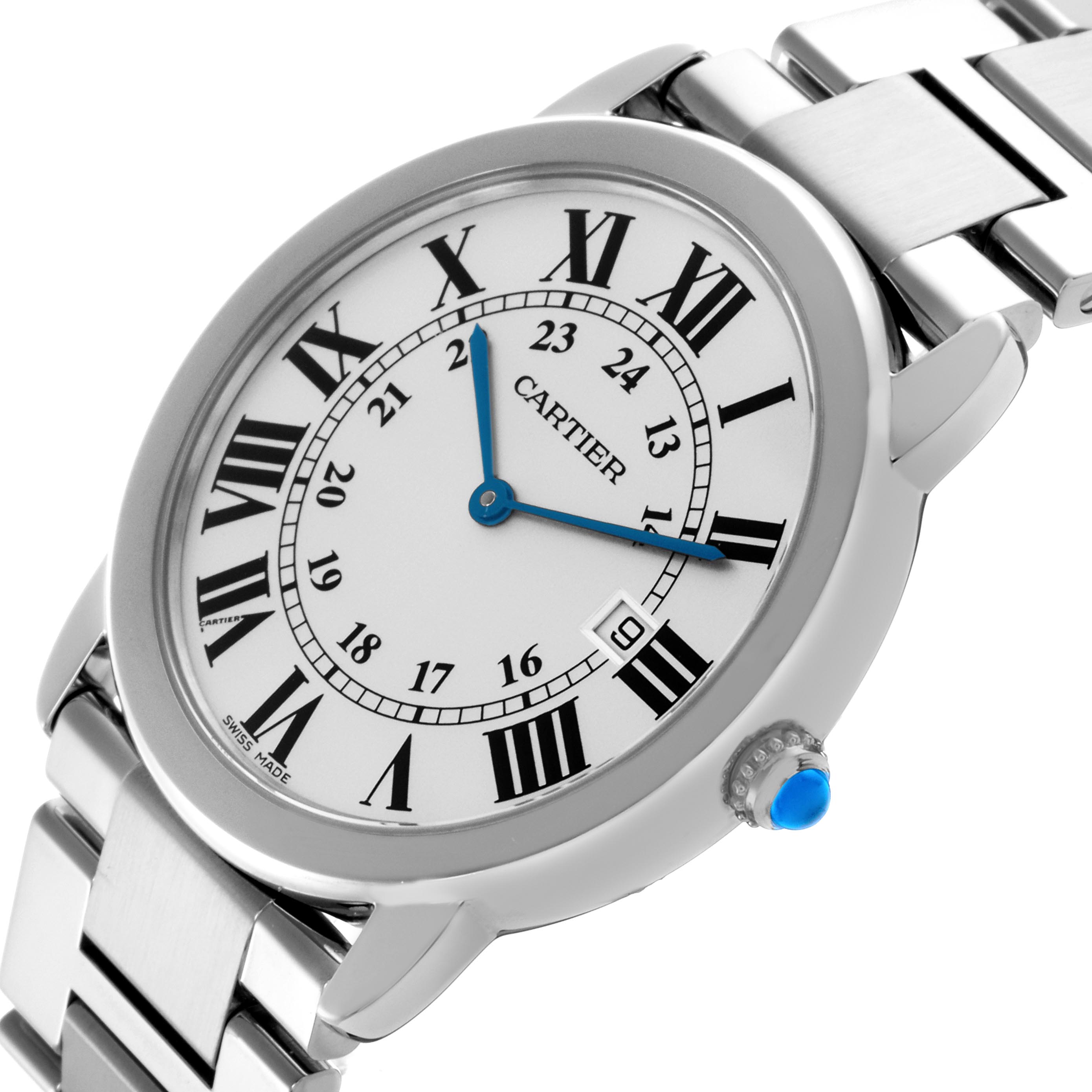 The Cartier Ronde W6701005 Men
s Stainless Steel Silver Dial W6701005 Men
s Stainless Steel Silver Dial watch is shown at a slight side angle, highlighting the dial, case, bracelet, and the crown with a blue cabochon.