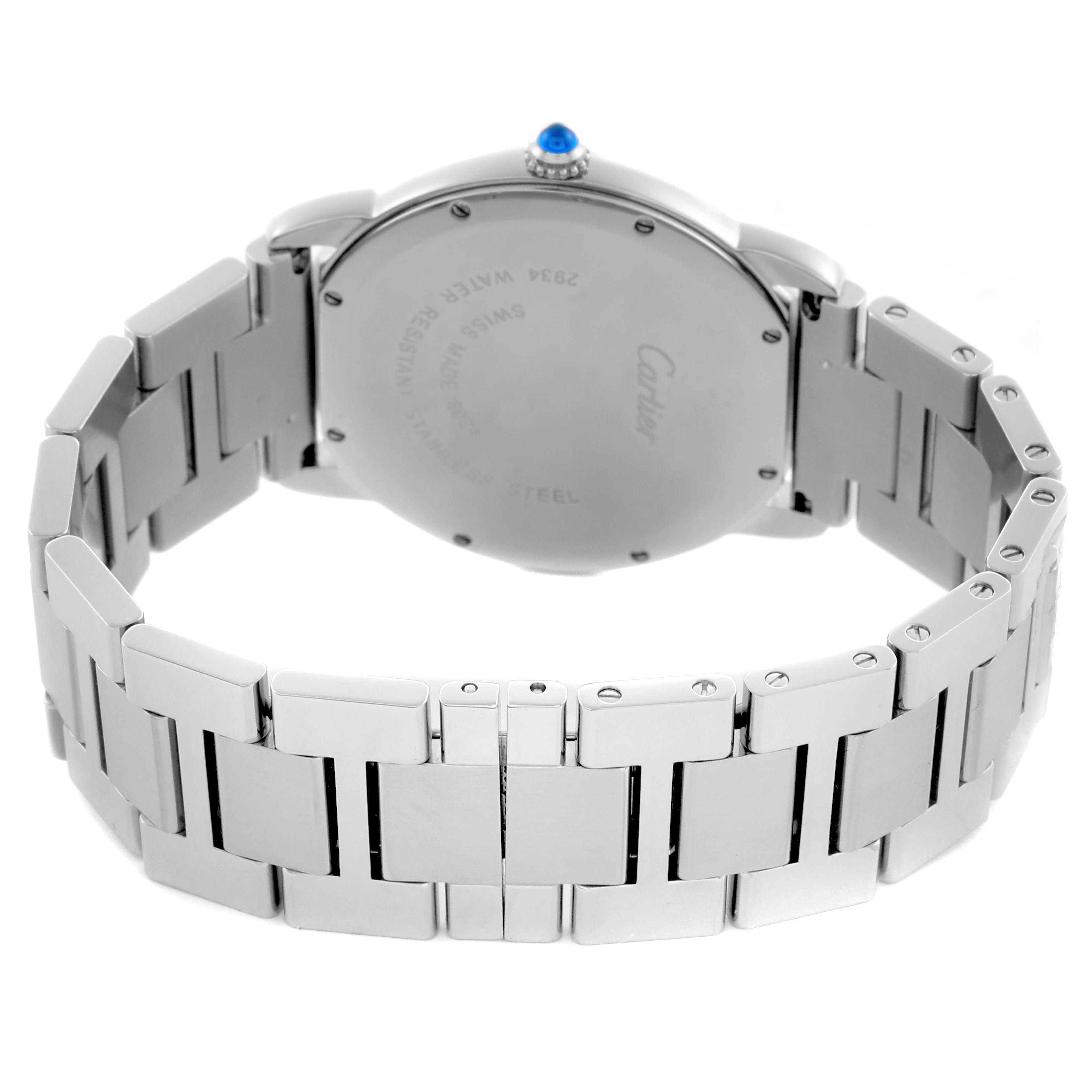 The image shows the back view of a Cartier Ronde W6701005 Men
s Stainless Steel Silver Dial W6701005 Men
s Stainless Steel Silver Dial watch, highlighting the stainless steel bracelet and case back.