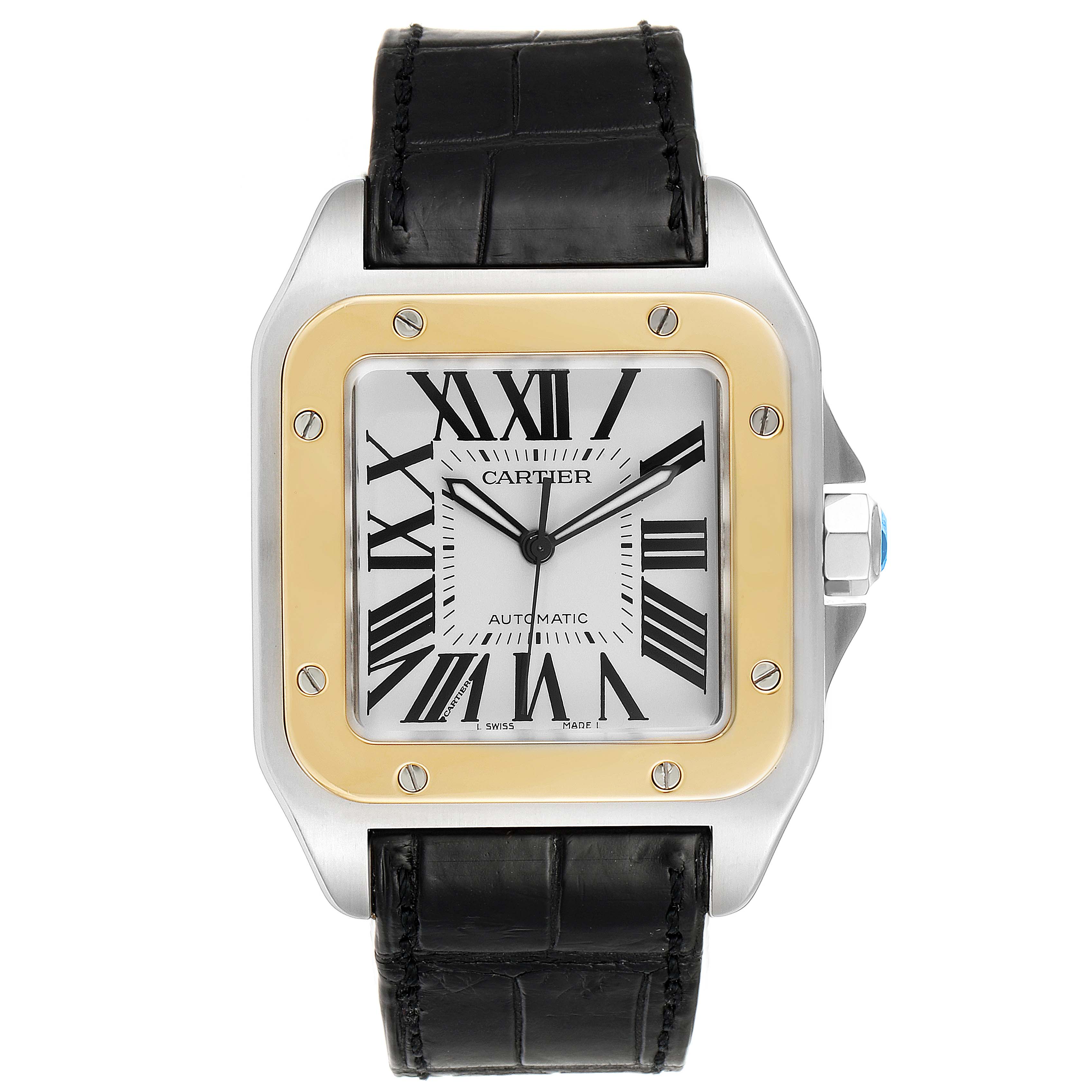 This image shows a frontal view of a Cartier Santos W20072X7 Men
s Steel and Gold (two tone) Silver Dial W20072X7 Men
s Steel and Gold (two tone) Silver Dial watch, highlighting the face, bezel, and black leather strap.