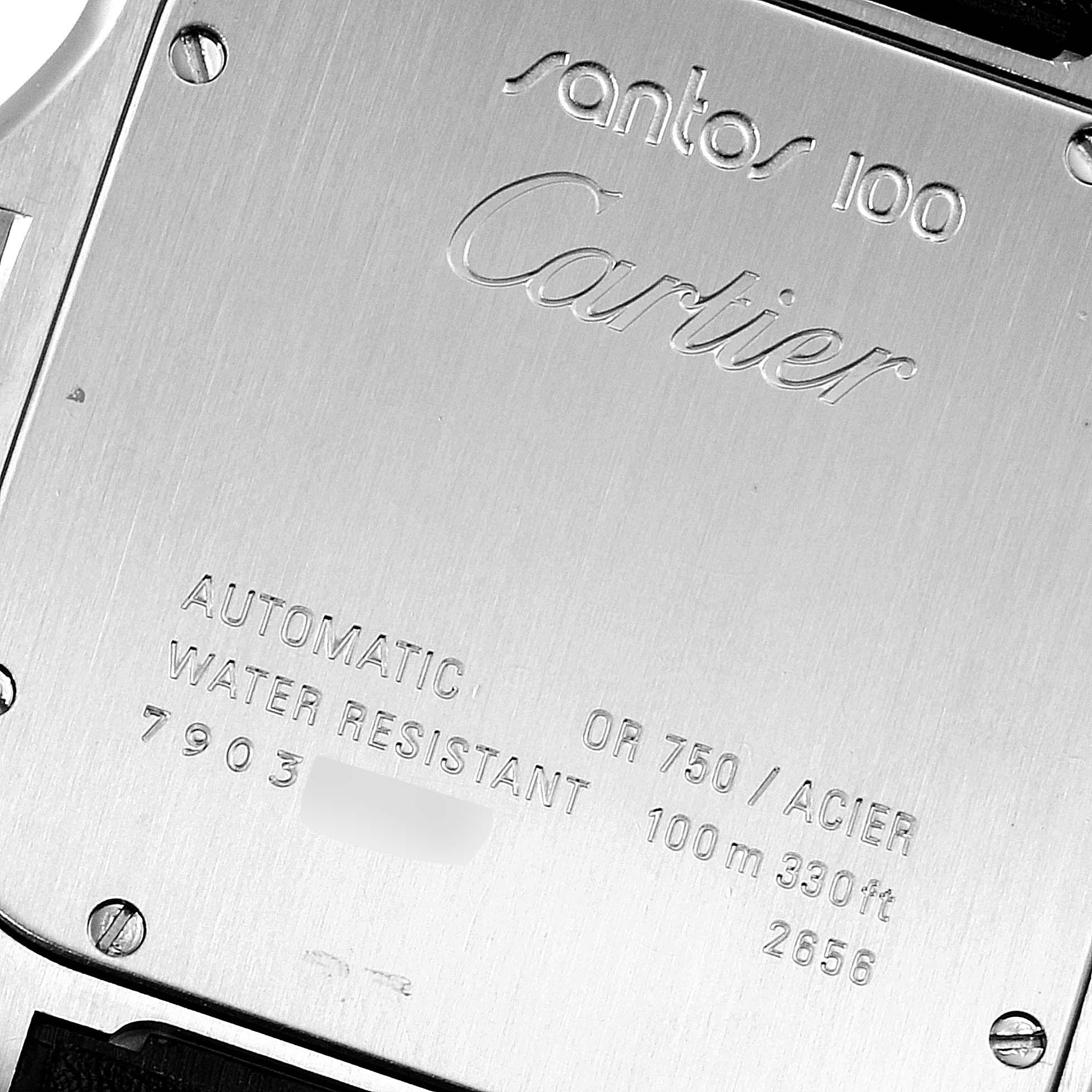 This image shows the back case of a Cartier Santos W20072X7 Men
s Steel and Gold (two tone) Silver Dial W20072X7 Men
s Steel and Gold (two tone) Silver Dial 100 watch, highlighting its specifications and brand engravings.