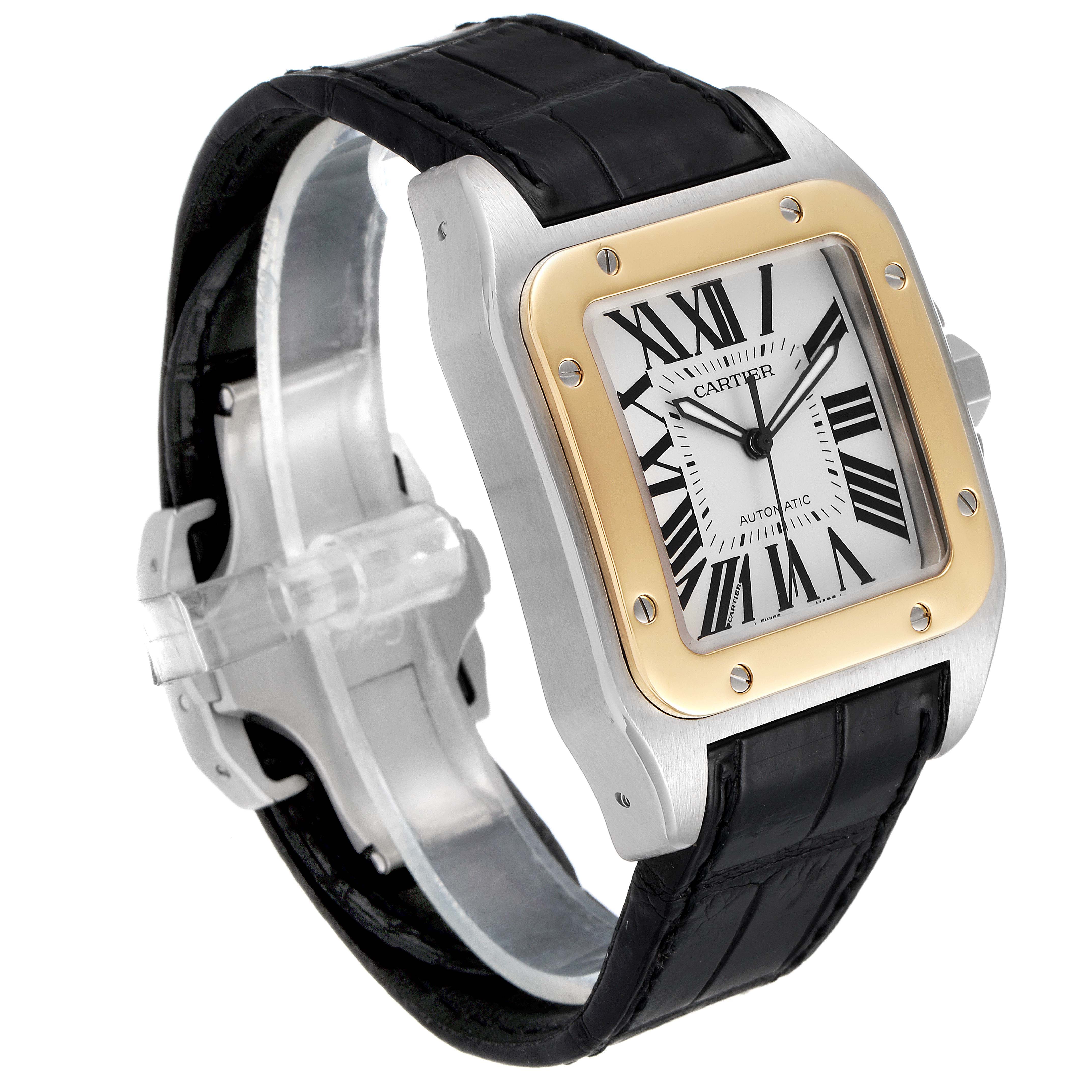 The image shows a Cartier Santos W20072X7 Men
s Steel and Gold (two tone) Silver Dial W20072X7 Men
s Steel and Gold (two tone) Silver Dial watch from an angled side view, highlighting the face, bezel, lugs, and band.
