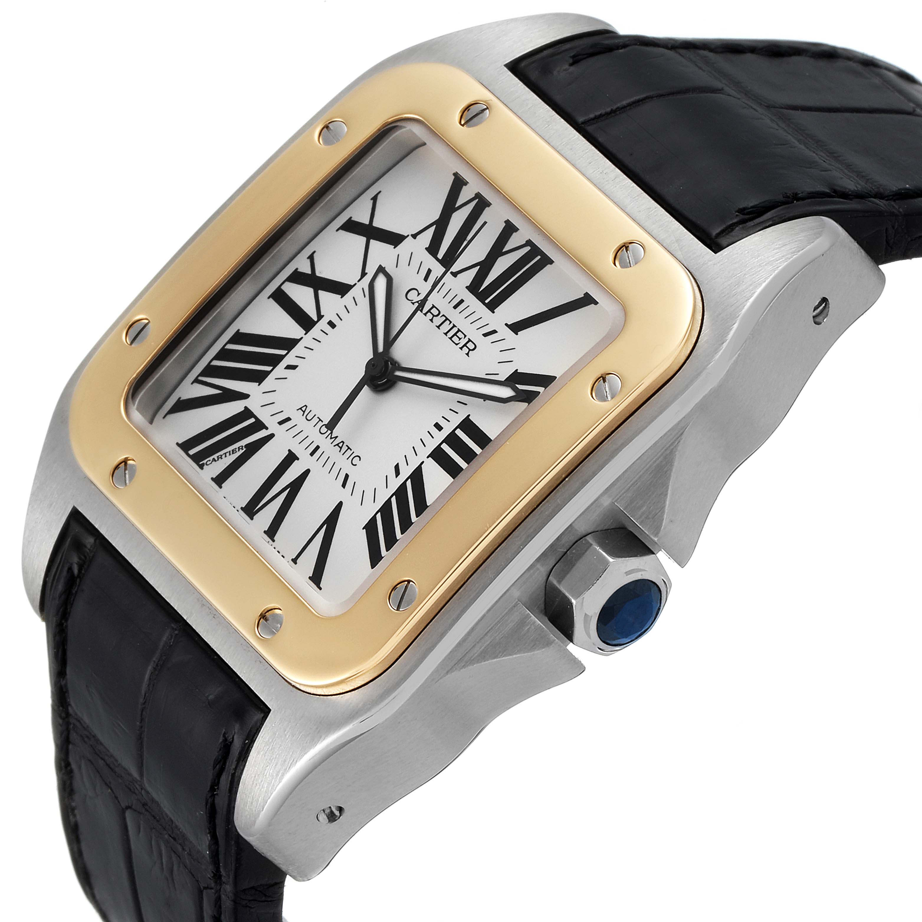 The image shows a side angle view of the Cartier Santos W20072X7 Men
s Steel and Gold (two tone) Silver Dial W20072X7 Men
s Steel and Gold (two tone) Silver Dial watch, highlighting the bezel, crown, and strap.