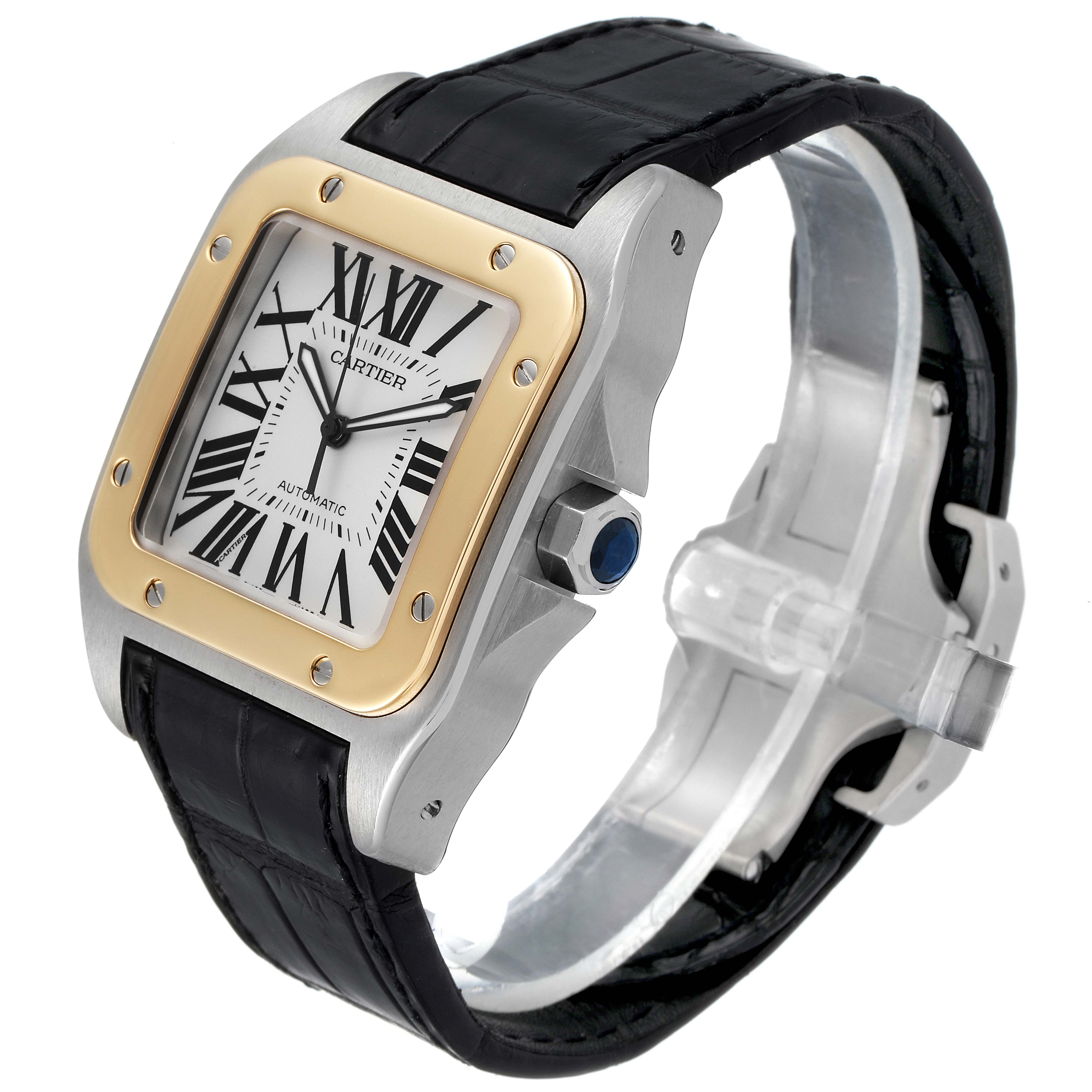This Cartier Santos W20072X7 Men
s Steel and Gold (two tone) Silver Dial W20072X7 Men
s Steel and Gold (two tone) Silver Dial watch is shown from a three-quarters angle, highlighting its face, bezel, crown, and leather strap.