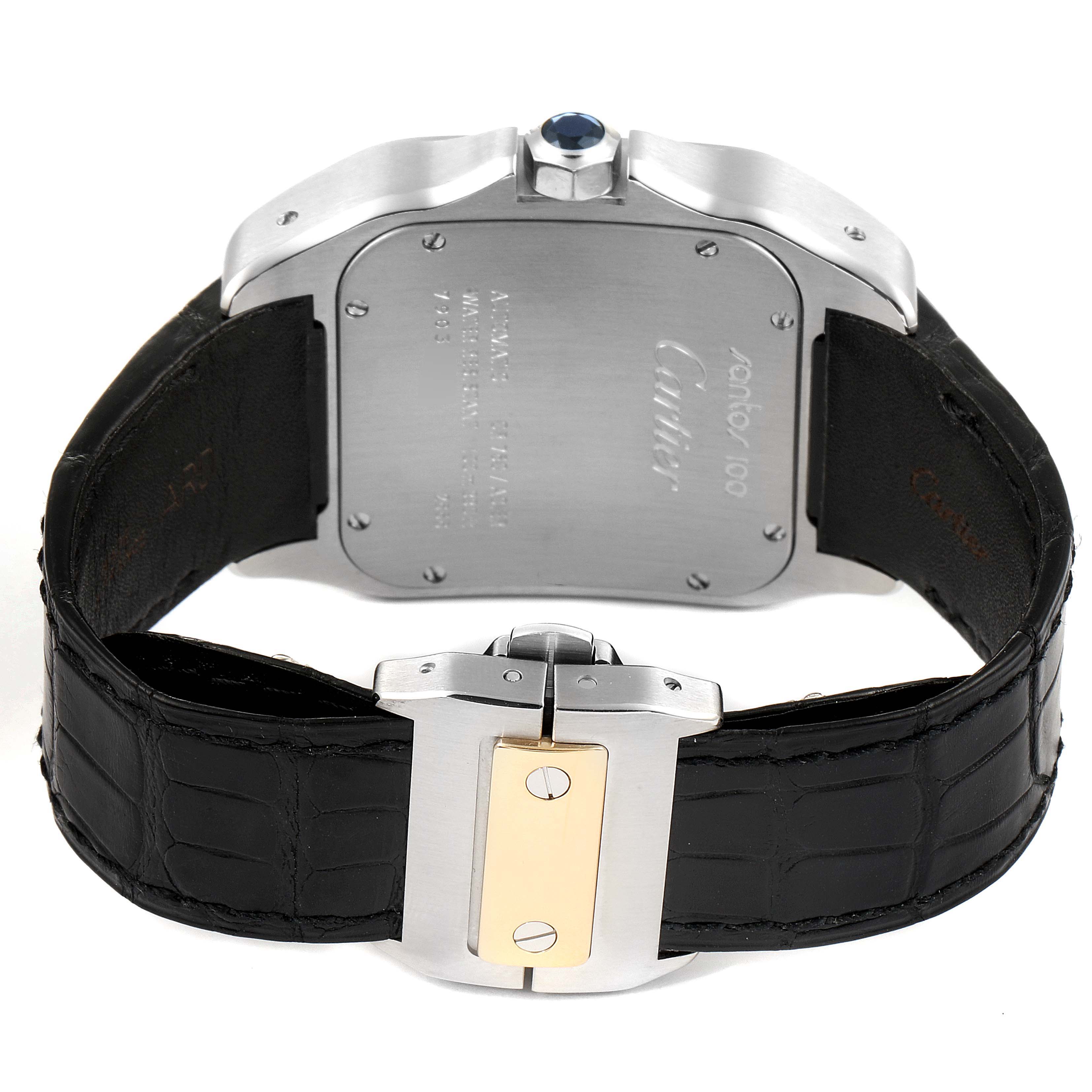 This Cartier Santos W20072X7 Men
s Steel and Gold (two tone) Silver Dial W20072X7 Men
s Steel and Gold (two tone) Silver Dial watch is shown from the rear, highlighting the back case, crown, and black leather strap with a clasp.