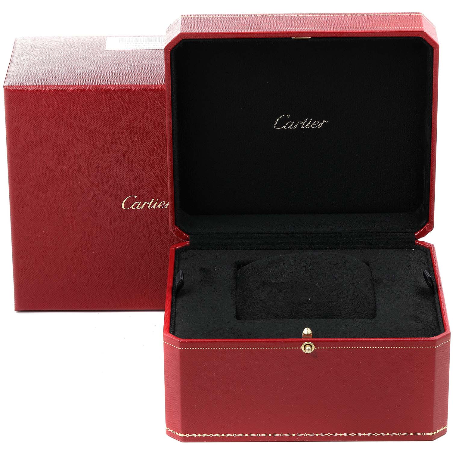 The image shows an open red Cartier box designed to hold a Santos model watch.