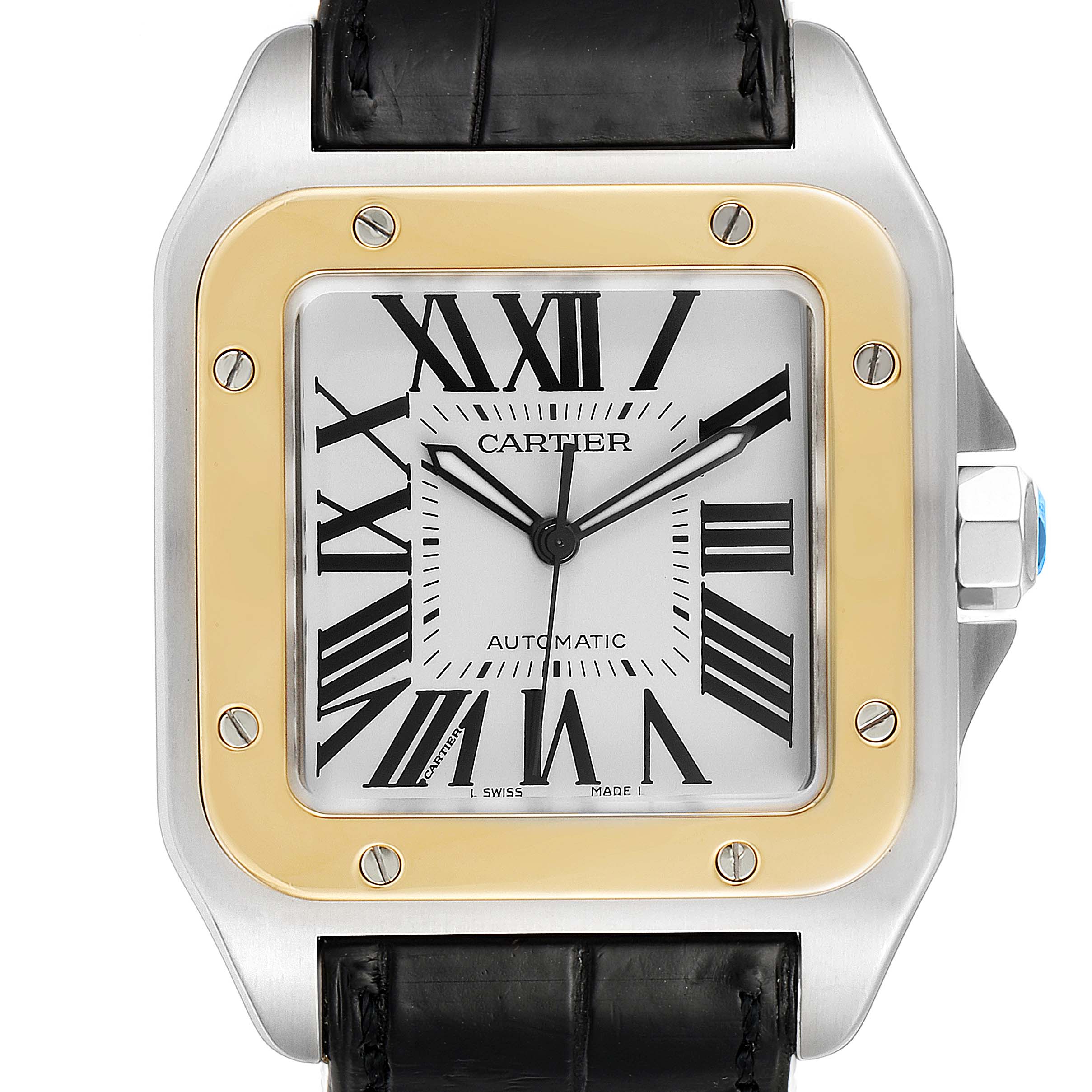 The image shows a front view of the Cartier Santos W20072X7 Men
s Steel and Gold (two tone) Silver Dial W20072X7 Men
s Steel and Gold (two tone) Silver Dial watch, featuring a rectangular face, Roman numerals, and a two-toned bezel.