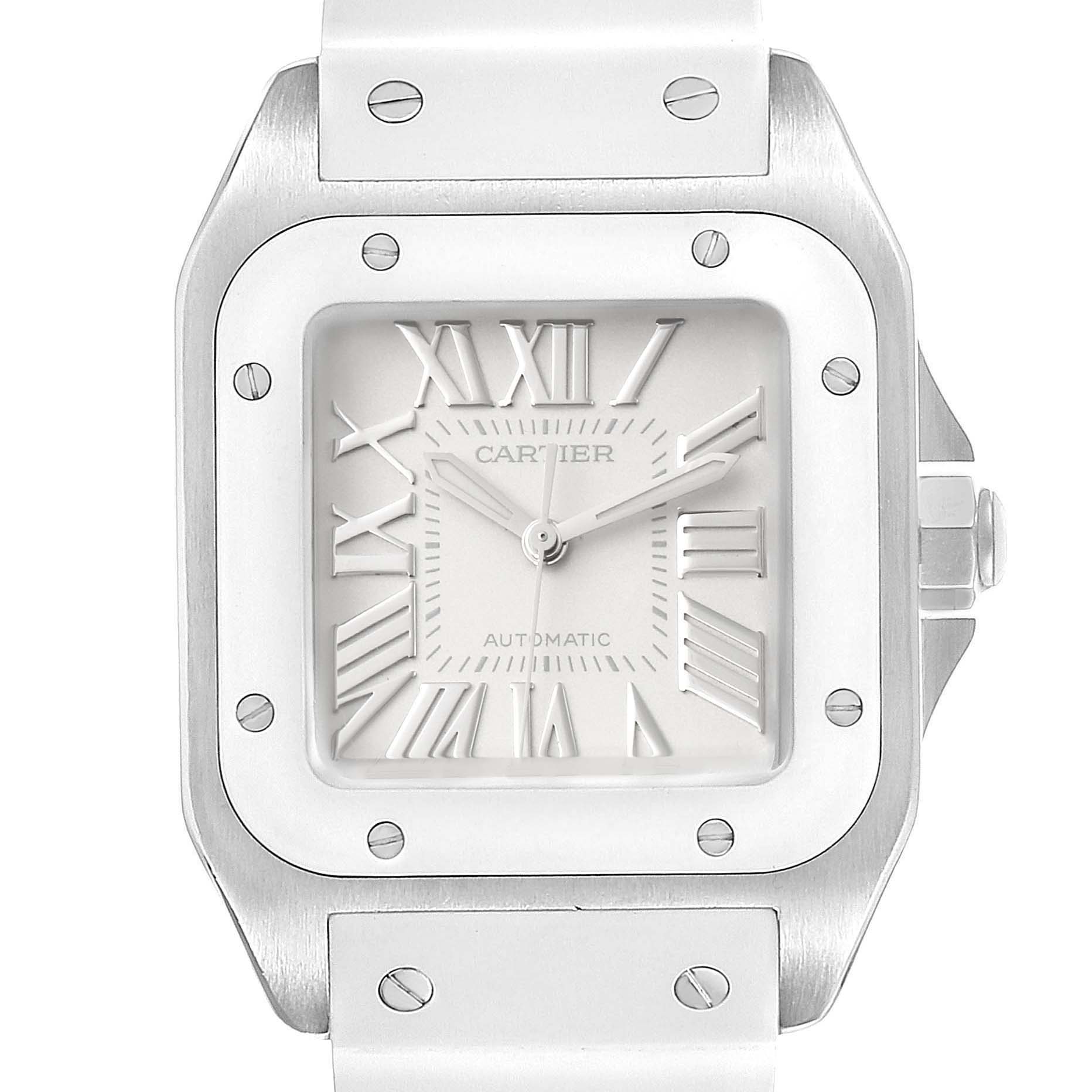 This image shows a close-up view of the dial and bezel of a Cartier Santos W20129U2 Men
s Stainless Steel Silver Dial W20129U2 Men
s Stainless Steel Silver Dial watch.