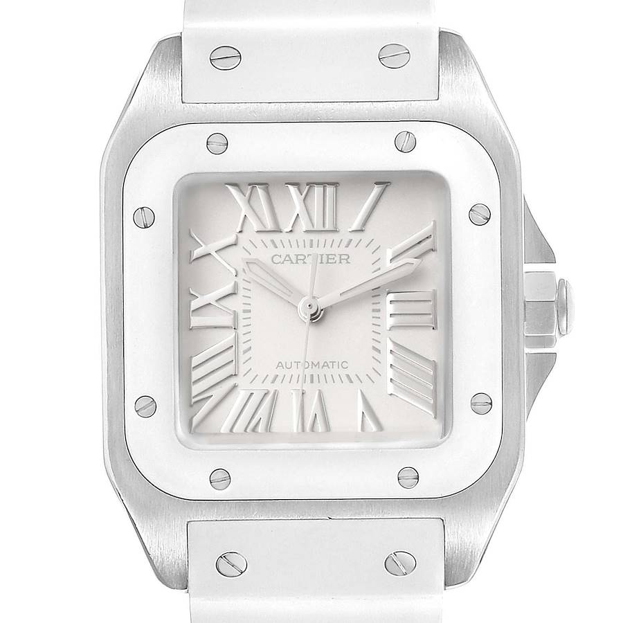 Cartier Santos 100 White Rubber Strap Steel Ladies Watch W20129U2 SwissWatchExpo