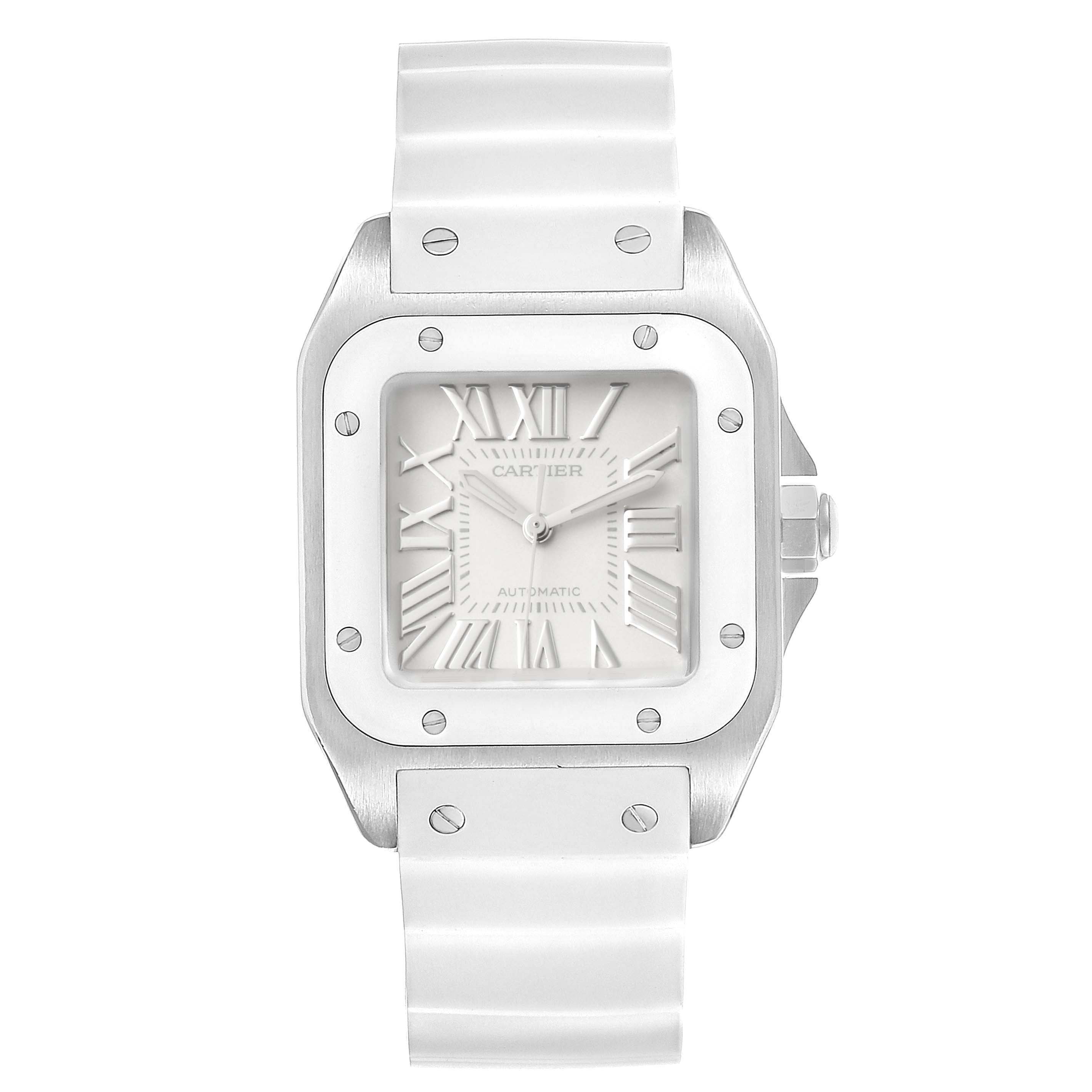 This is a front view of the Santos model by Cartier, displaying the face, bezel, and part of the white strap.