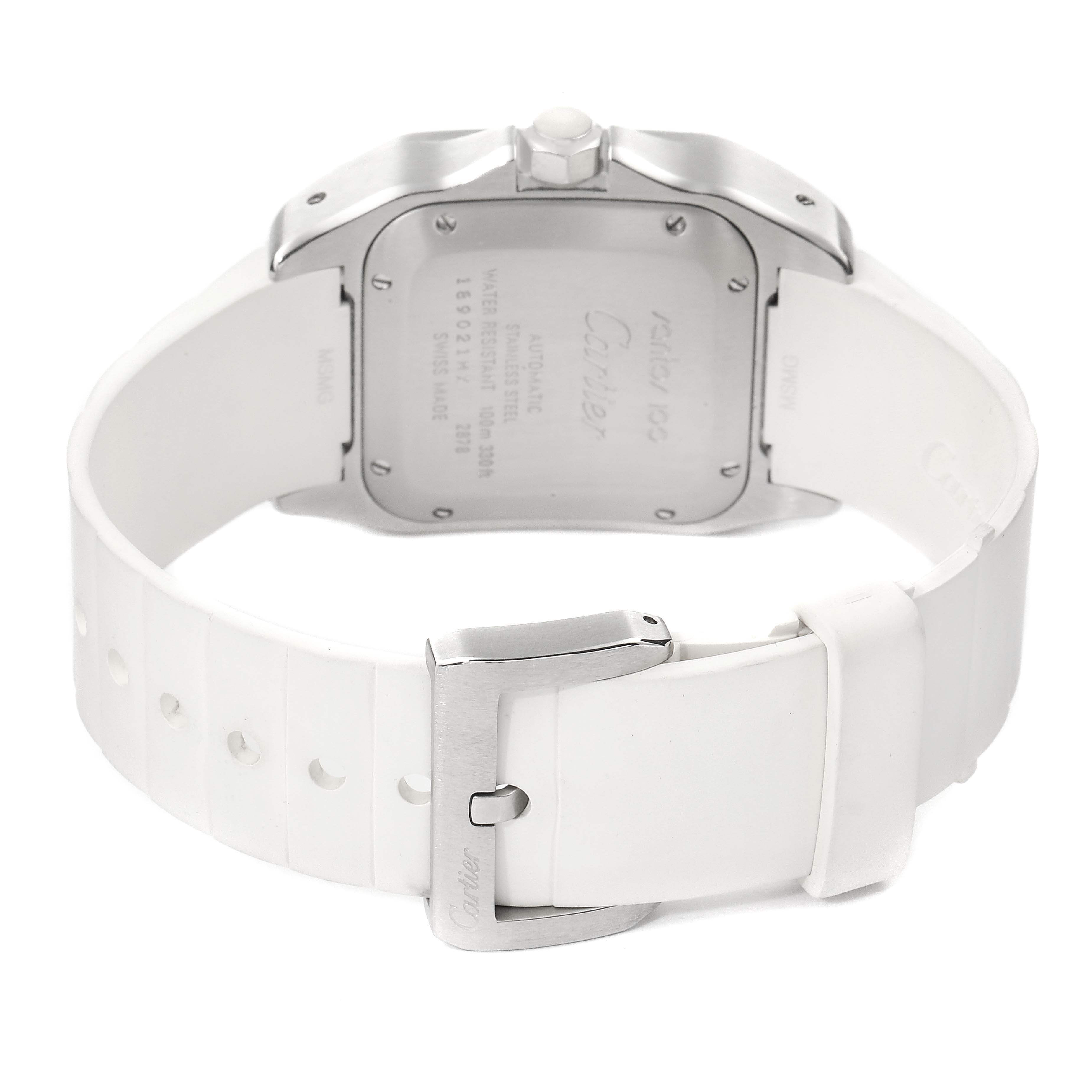 The image shows the backside of the Cartier Santos W20129U2 Men
s Stainless Steel Silver Dial W20129U2 Men
s Stainless Steel Silver Dial model watch, including the case back and white strap with buckle.