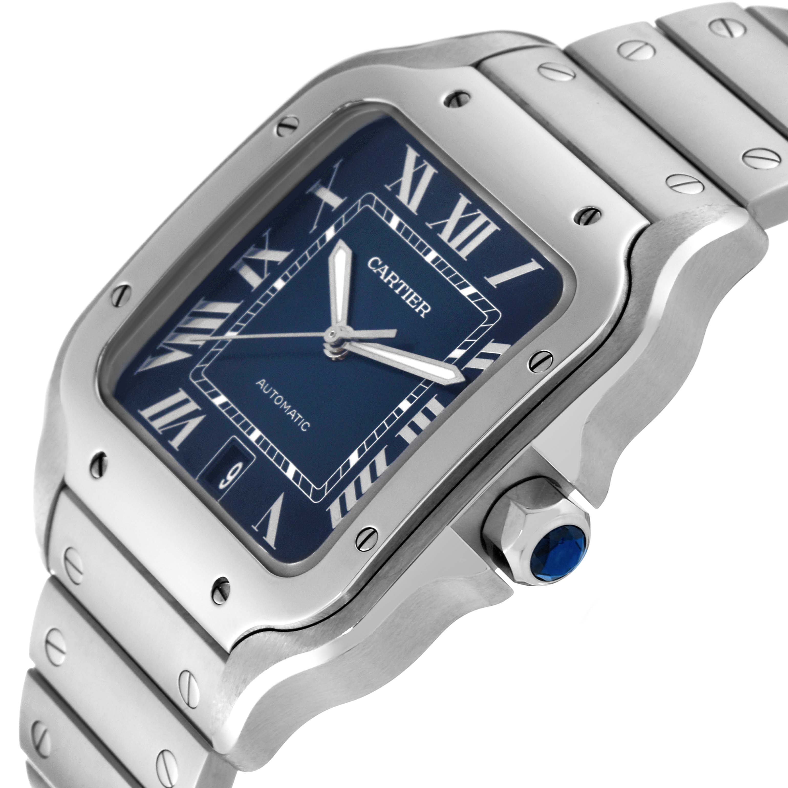 The image shows a close-up side angle of the Cartier Santos WSSA0030 Men's Stainless Steel Blue Dial WSSA0030 Men's Stainless Steel Blue Dial watch, highlighting the bezel, dial, crown, and part of the bracelet.