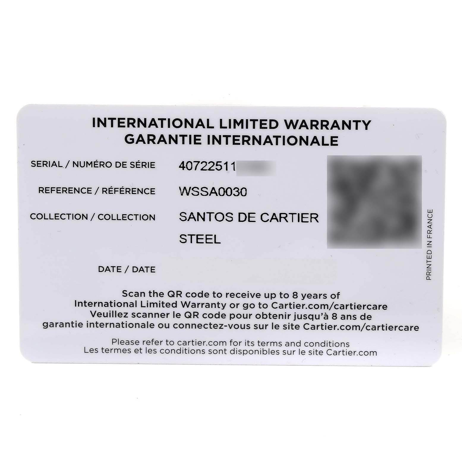 This is the international limited warranty card for the Santos de Cartier watch model by Cartier.