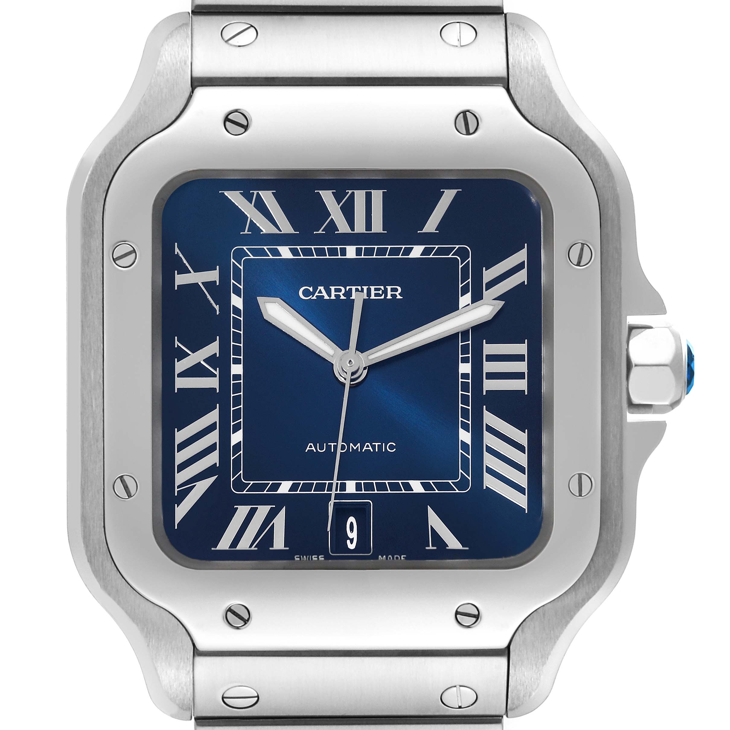 The image shows a close-up of the Cartier Santos WSSA0030 Men's Stainless Steel Blue Dial WSSA0030 Men's Stainless Steel Blue Dial watch face, including the bezel, dial, and part of the bracelet.