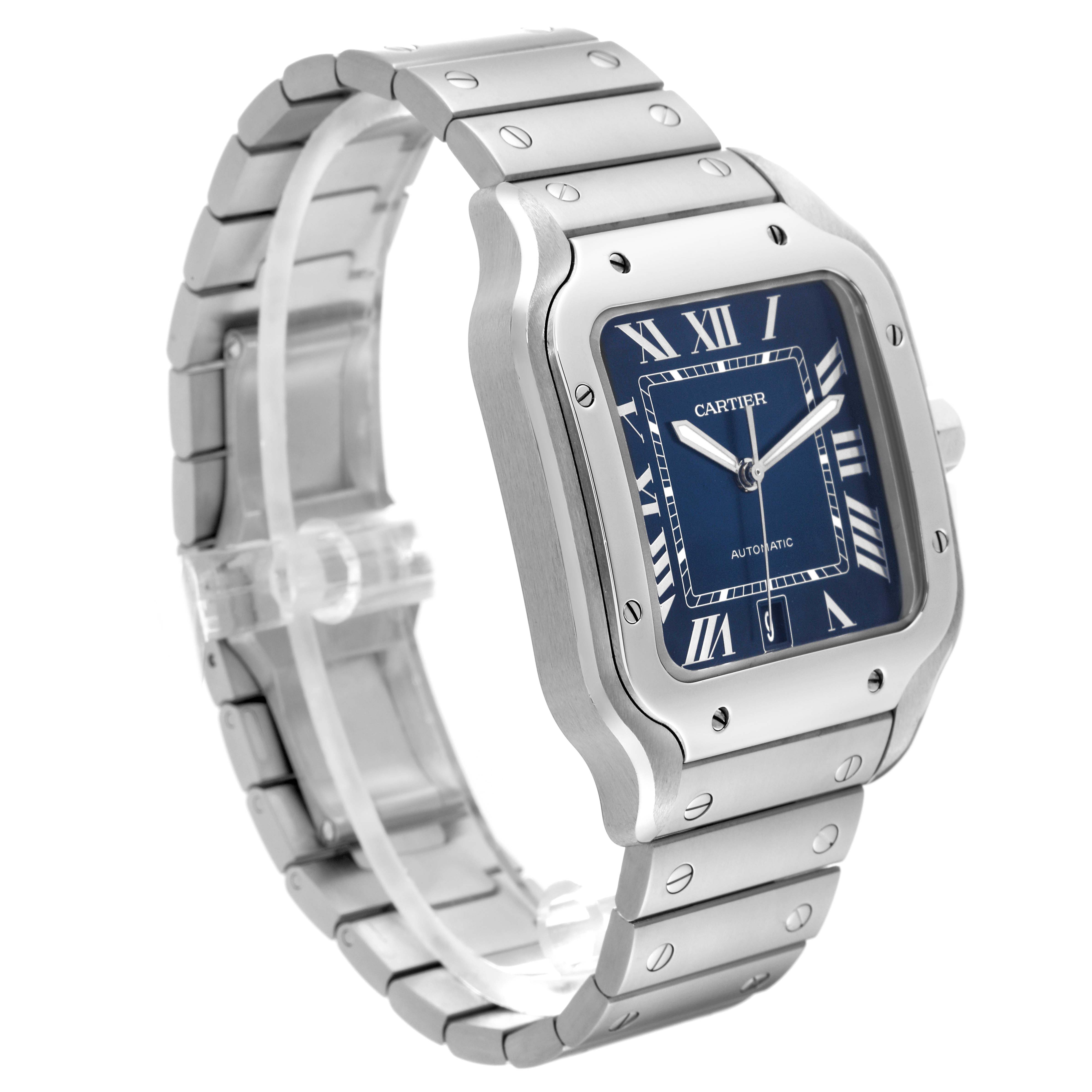 The image shows a left side angle view of a Santos model by Cartier, highlighting its blue dial and metal bracelet.
