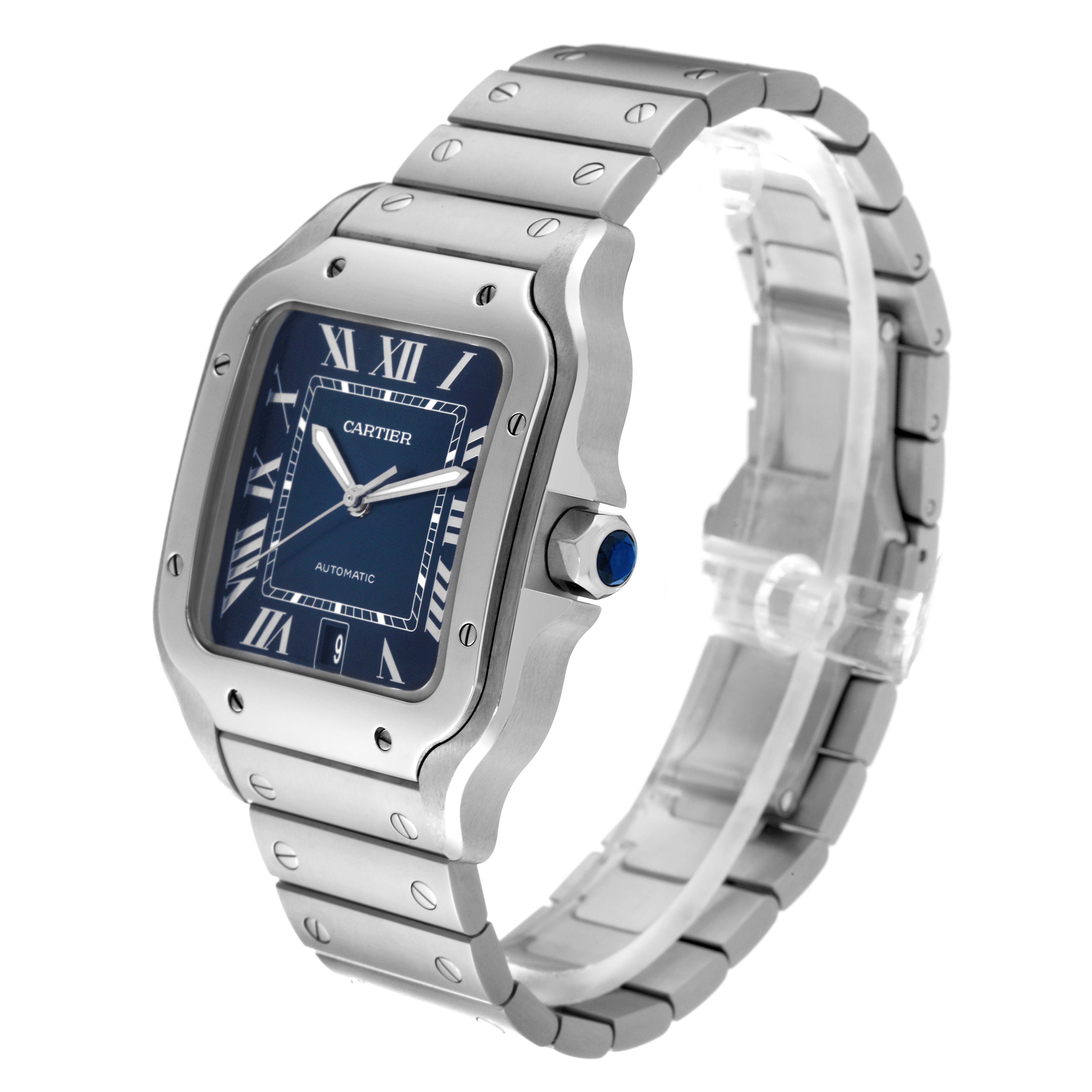 The image shows a side angle of the Cartier Santos WSSA0030 Men's Stainless Steel Blue Dial WSSA0030 Men's Stainless Steel Blue Dial watch, highlighting its blue dial, bezel, crown, and metal bracelet.