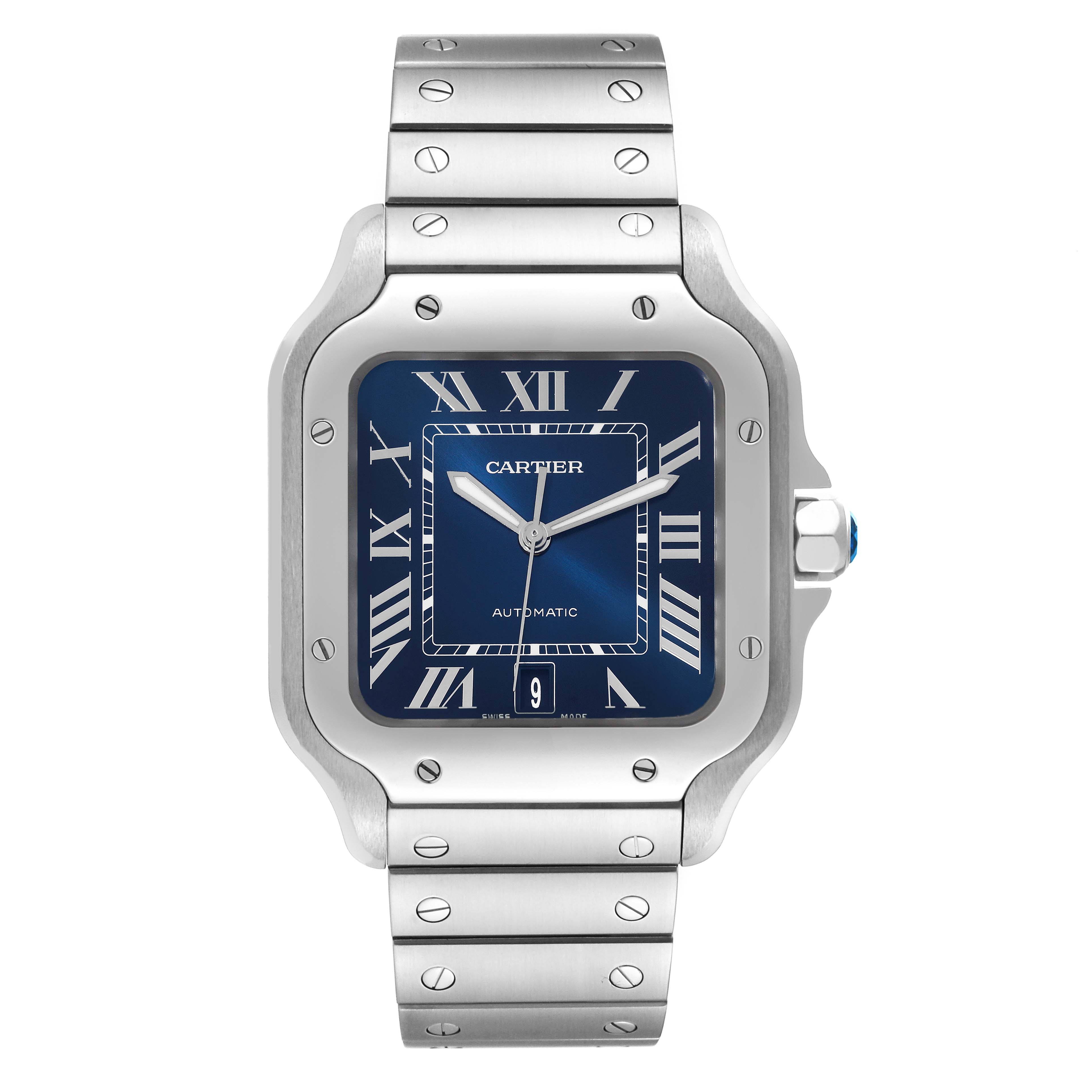 The image shows a front view of a Cartier Santos WSSA0030 Men's Stainless Steel Blue Dial WSSA0030 Men's Stainless Steel Blue Dial watch, displaying its face, bezel, and part of the bracelet.