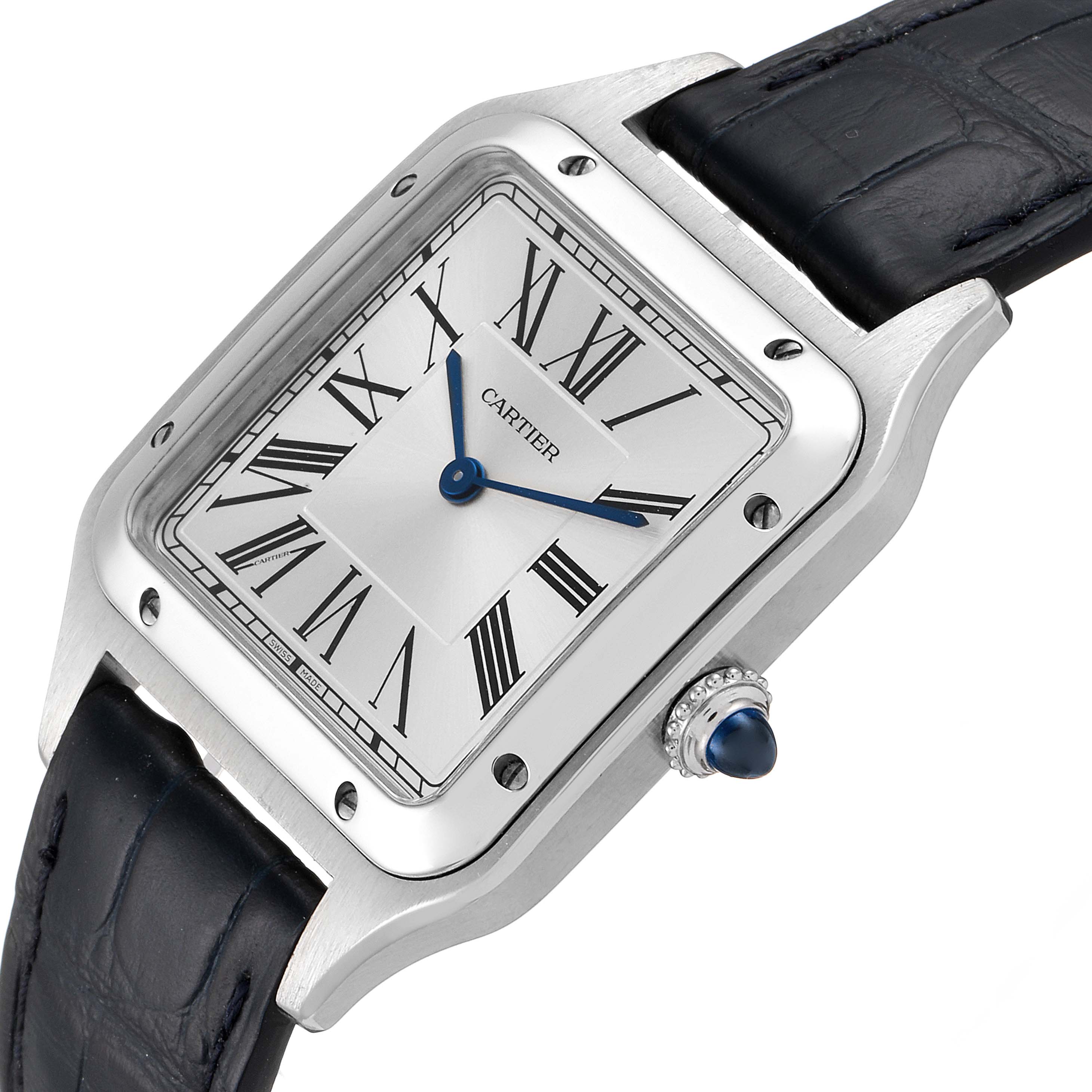 The image shows a close-up angle of the Santos Dumont watch by Cartier, highlighting the watch face, Roman numerals, and crown detail.