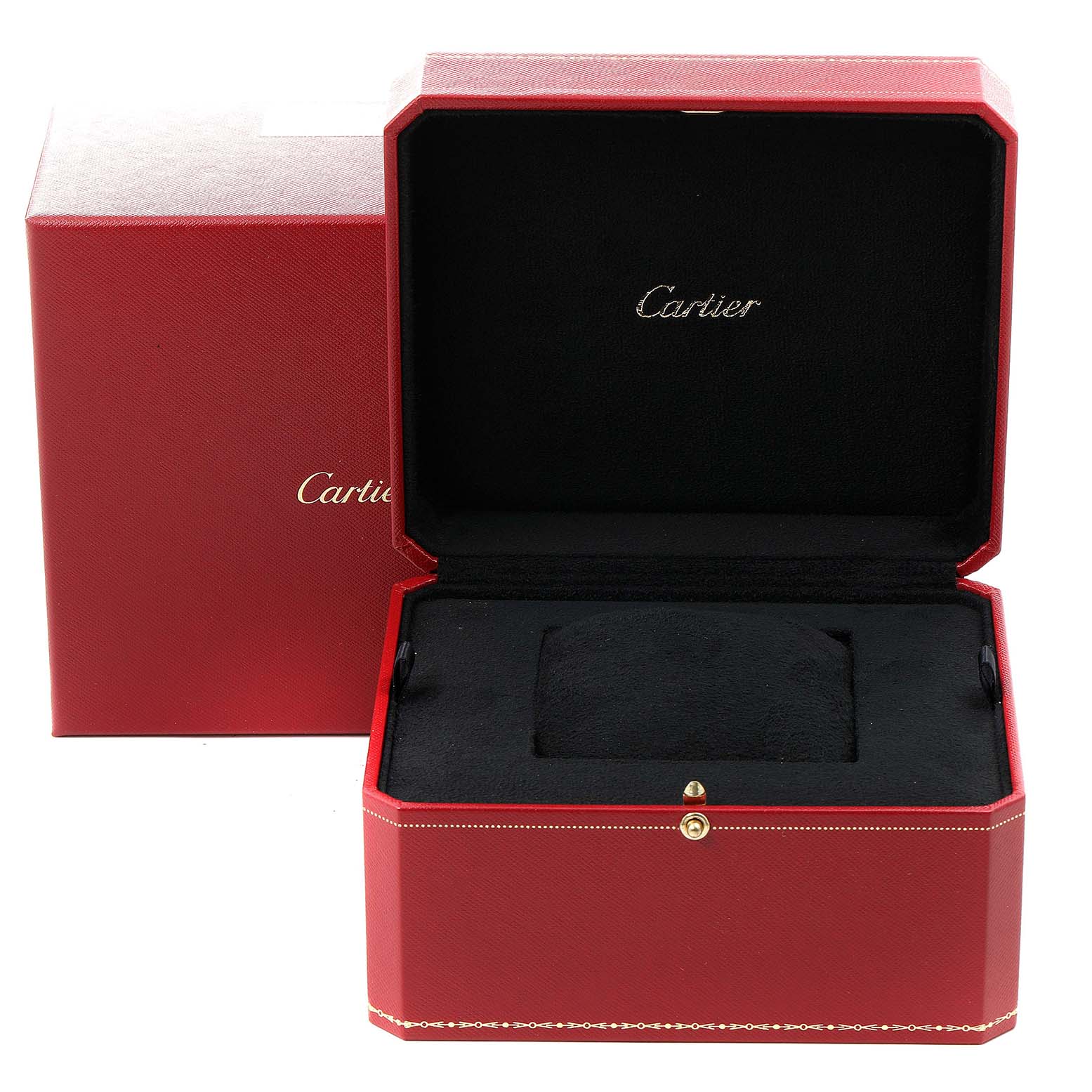 The image shows an open Cartier Santos Dumont WSSA0022 Men's Stainless Steel Silver Dial WSSA0022 Men's Stainless Steel Silver Dial watch box, revealing its black interior with a red exterior.