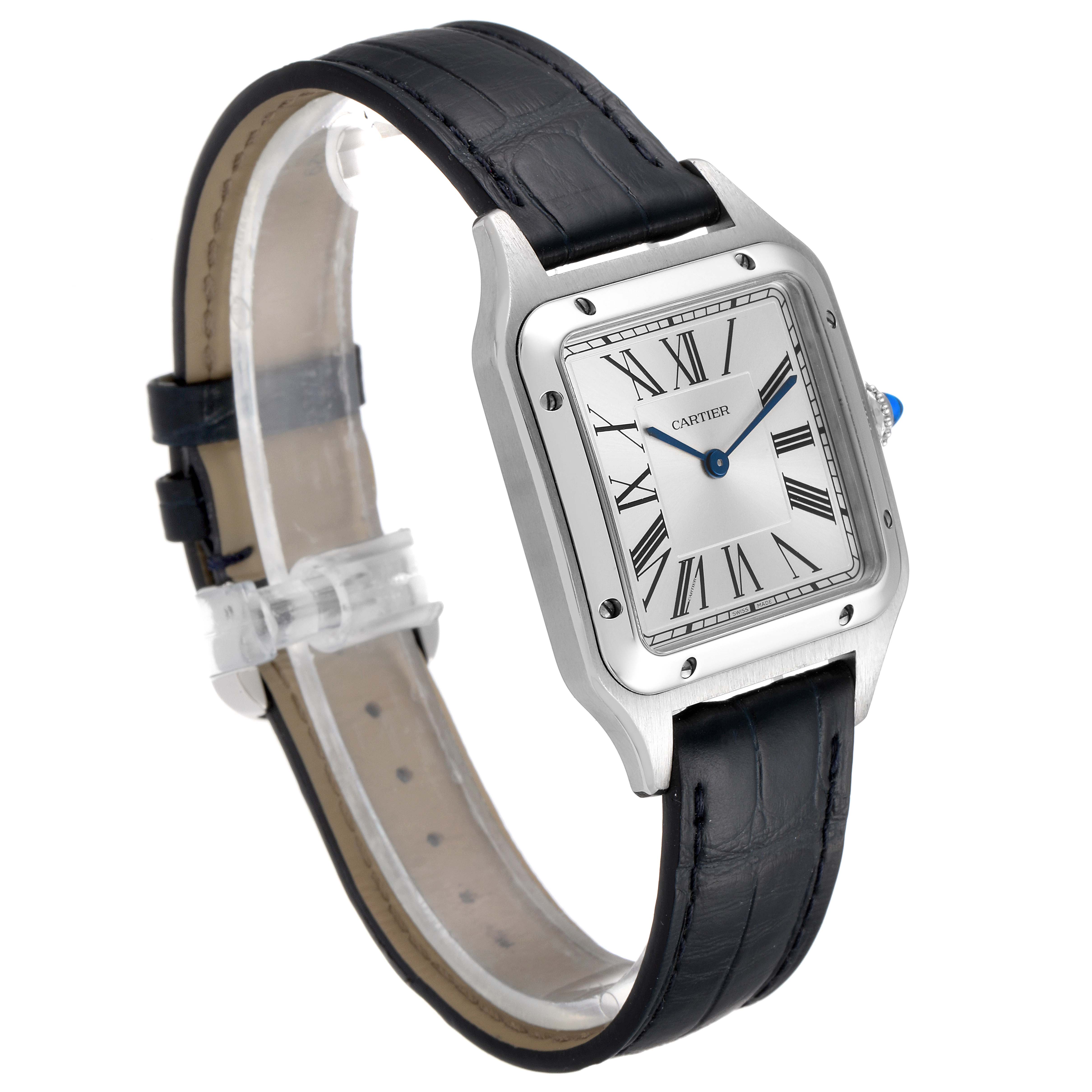 The image shows a front-side angle of the Cartier Santos Dumont WSSA0022 Men's Stainless Steel Silver Dial WSSA0022 Men's Stainless Steel Silver Dial watch, highlighting its square face, leather strap, and Roman numerals.