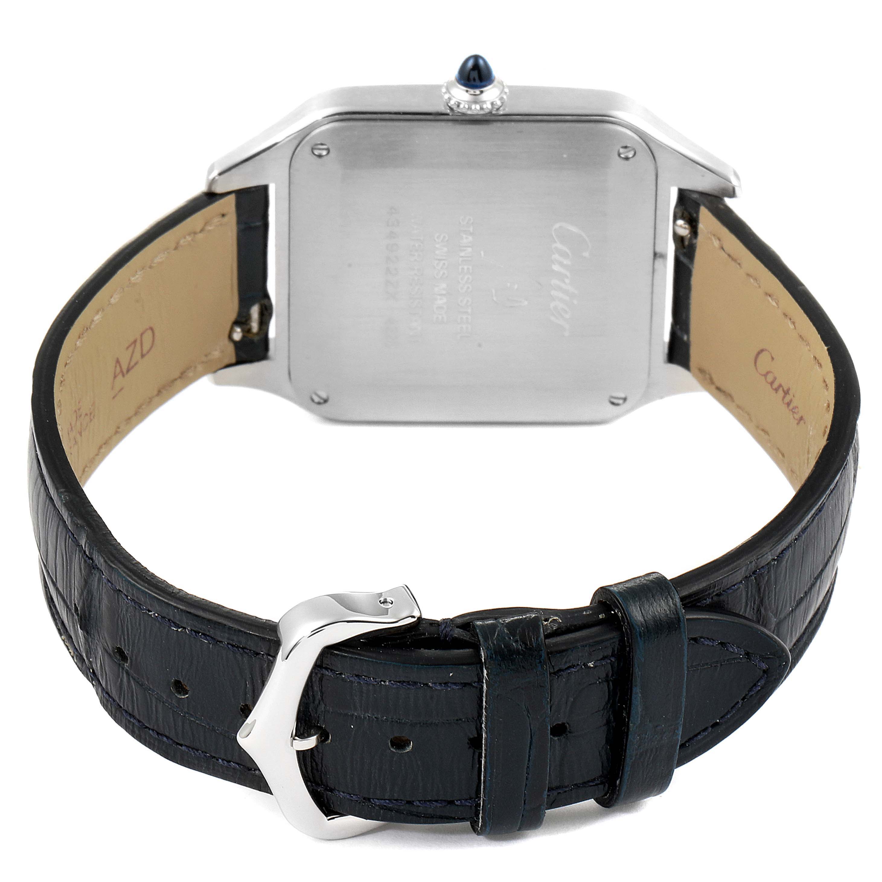 This image shows the back view of a Cartier Santos Dumont WSSA0022 Men's Stainless Steel Silver Dial WSSA0022 Men's Stainless Steel Silver Dial watch, highlighting the case back and leather strap with buckle.