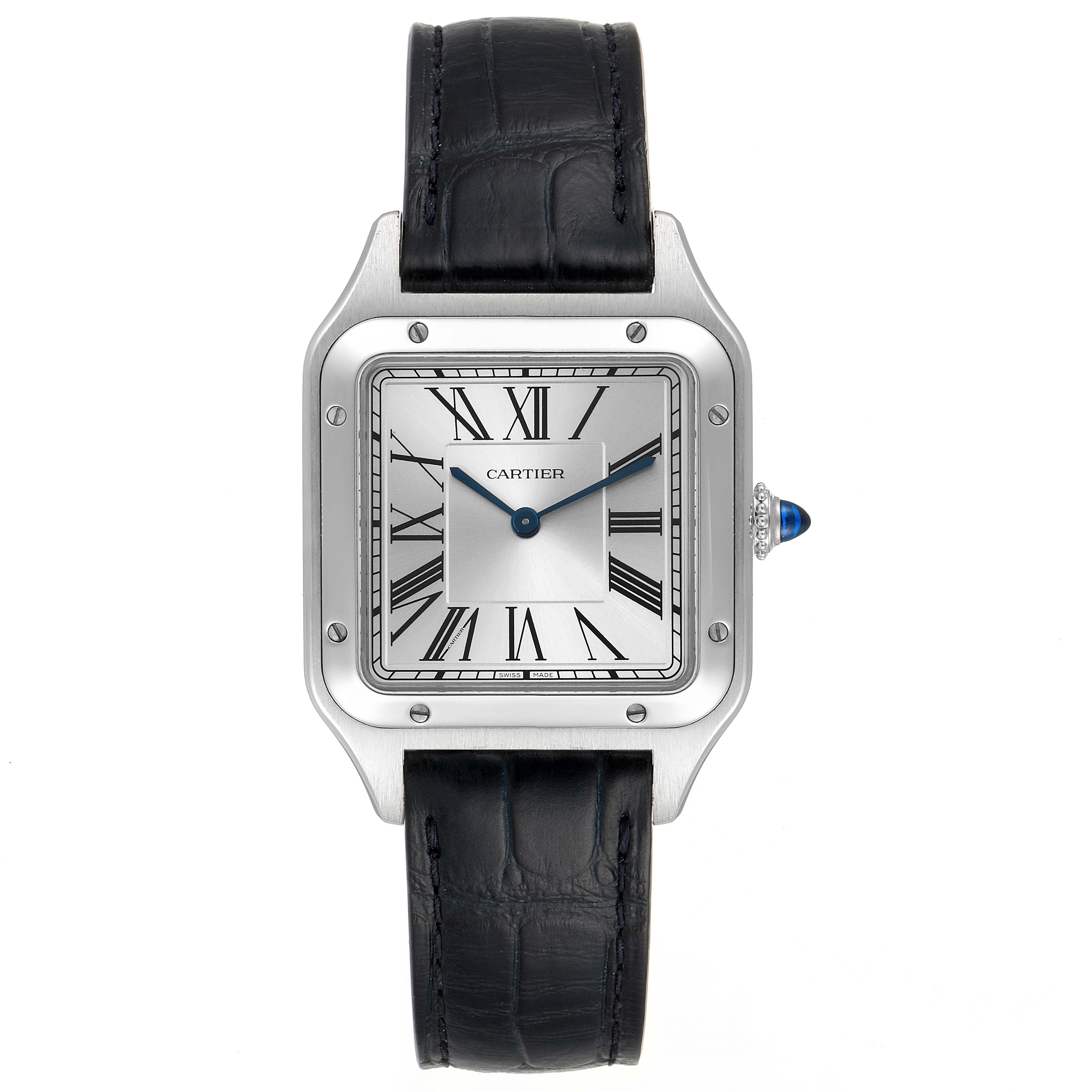 The image shows a front view of the Cartier Santos Dumont WSSA0022 Men's Stainless Steel Silver Dial WSSA0022 Men's Stainless Steel Silver Dial watch, highlighting its square face, Roman numerals, and black leather strap.