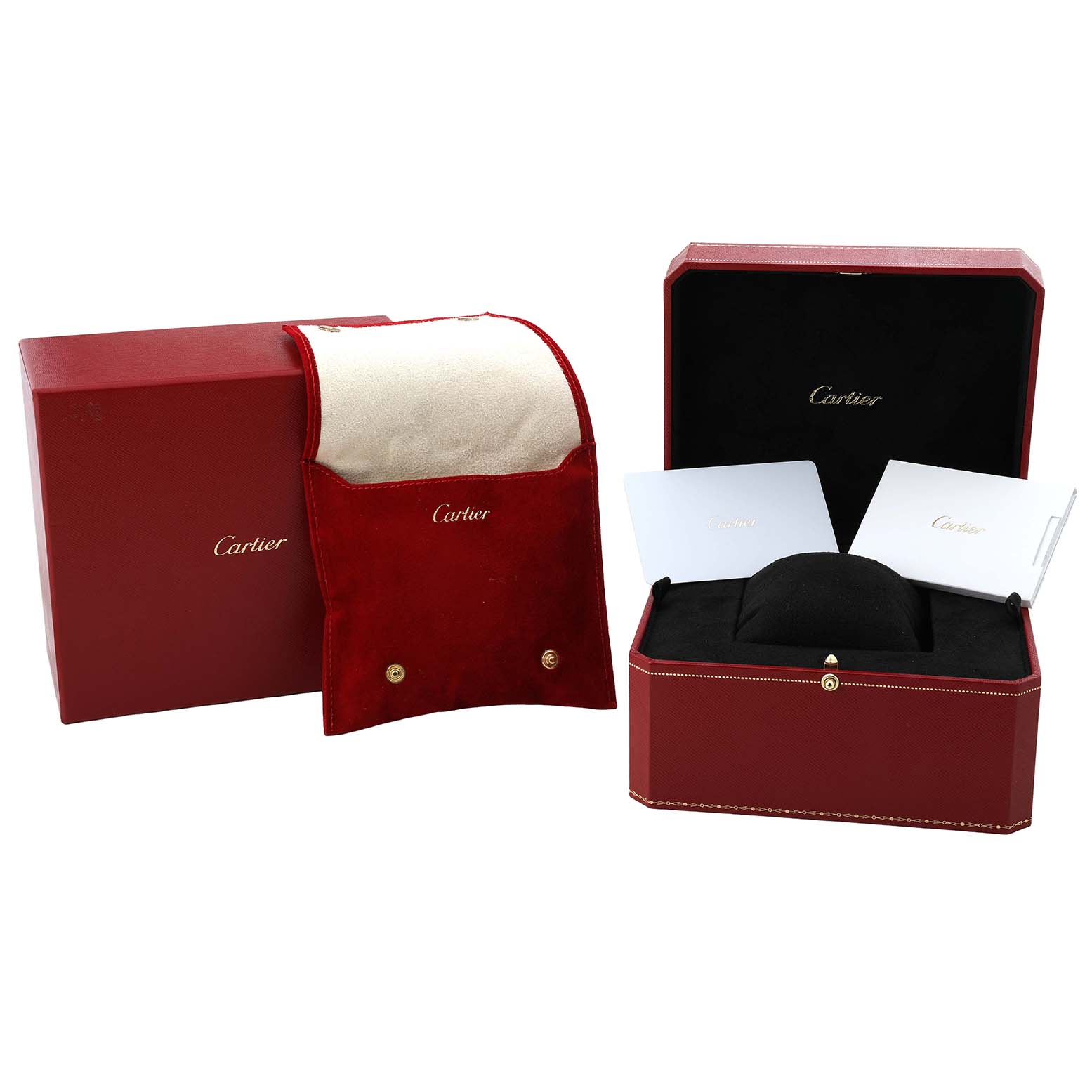 The image shows a Cartier Santos Dumont W2SA0011 Men's Stainless Steel Silver Dial watch box, travel pouch, and documents from a straight-on angle.