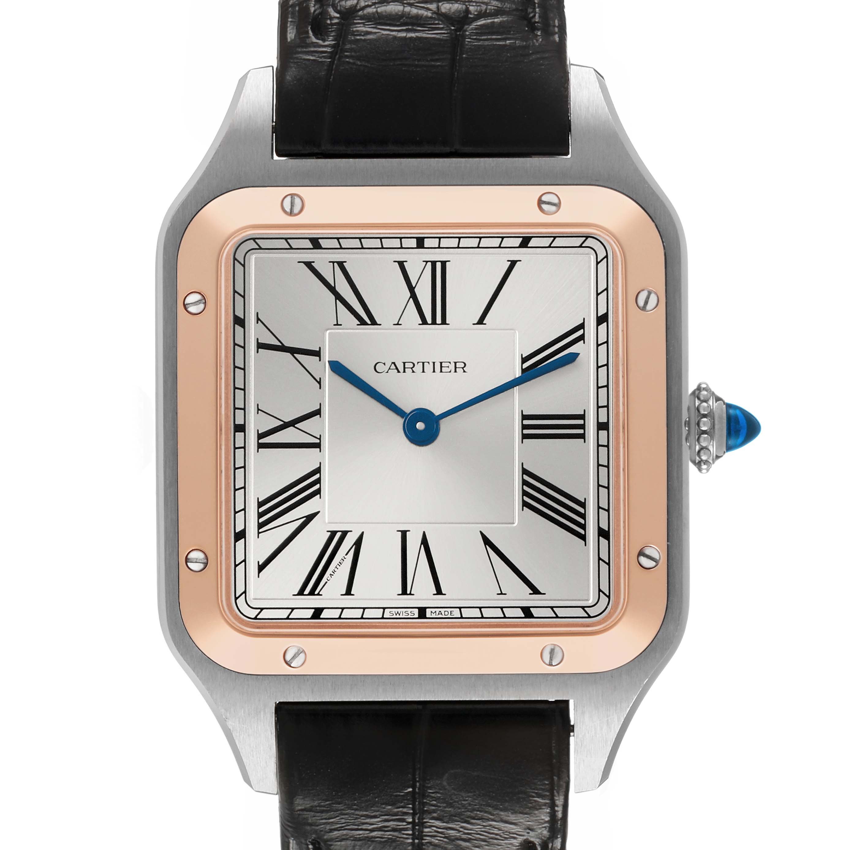 The Cartier Santos Dumont W2SA0011 Men's Stainless Steel Silver Dial watch is shown from the front, highlighting its square dial, Roman numerals, blued hands, and leather strap.
