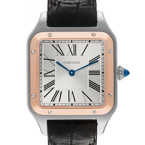 The Cartier Santos Dumont W2SA0011 Men's Stainless Steel Silver Dial watch is shown from the front, featuring its square face, Roman numerals, and leather strap.